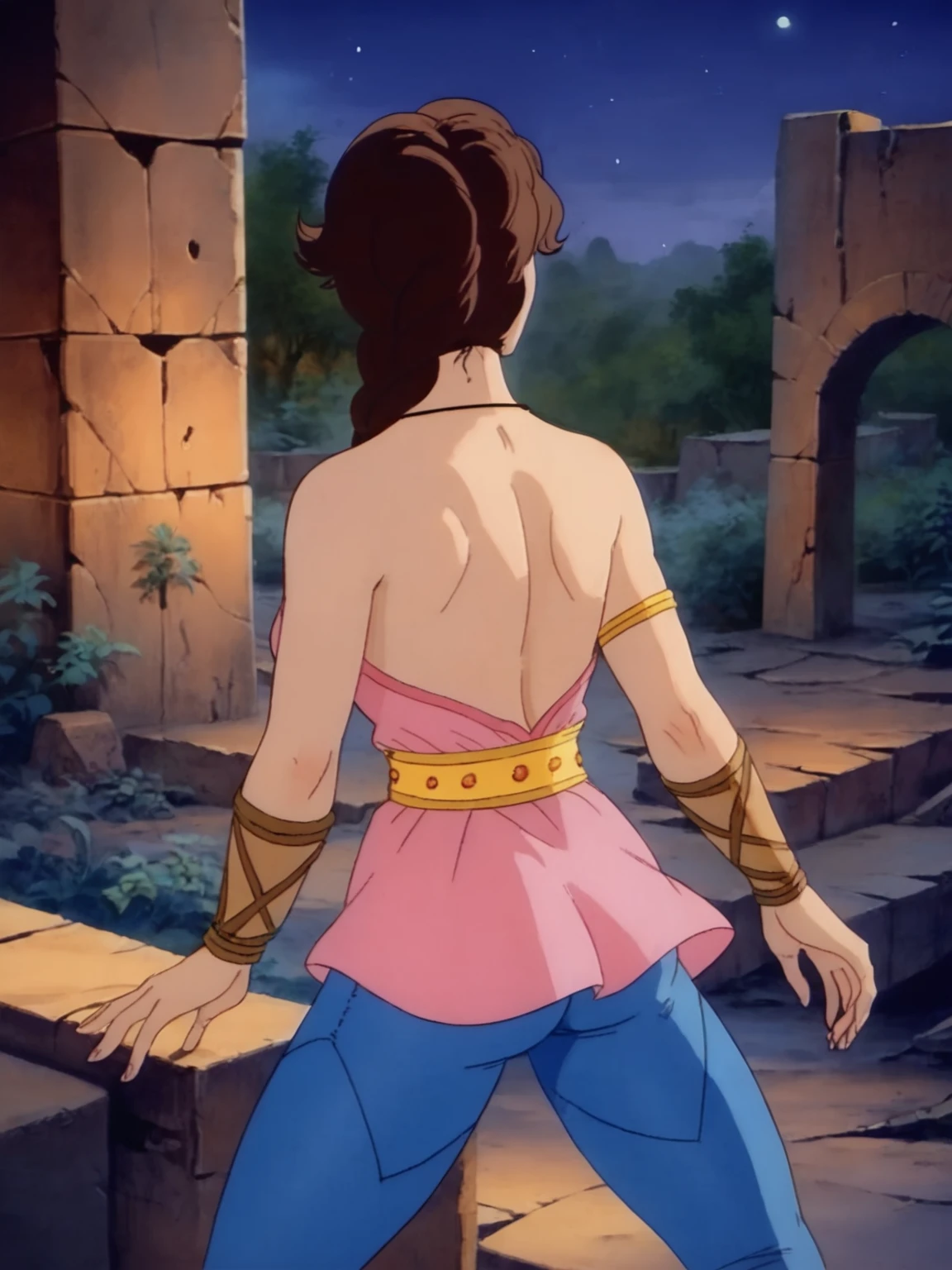 score_9, score_8_up, score_7_up,1girl,  solo, jezmineconanadv, brunette hair, long hair, braid, <lora:100_jezmine_pdxl:1>, pink jez bustier, armband, necklace, outdoors,medium breasts, bare shoulders,  night, blue stitched pants, gold belt,  ruins,  rear view, ass, bare back, back, bracers, legs apart