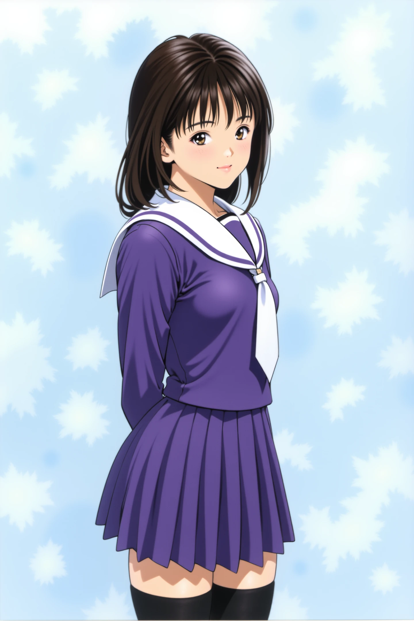 Yoshizuki iori,1girl,solo,white tie,blackand brown hair,zettai ryouiki,brown eyes,arm behind back,serafuku,lips,wanda high school uniform,purple school uniform_pleated skirt_black thighhighs_white sailor collar_long sleeves.The background is a simple,abstract mix of light blue and white hues,suggesting a minimalist setting. The image conveys a sense of introspection and quiet contemplation,with the character standing slightly off-center,giving the impression of being slightly withdrawn from the viewer.,
<lora:Katsura Masakazu_FLUX:1>,