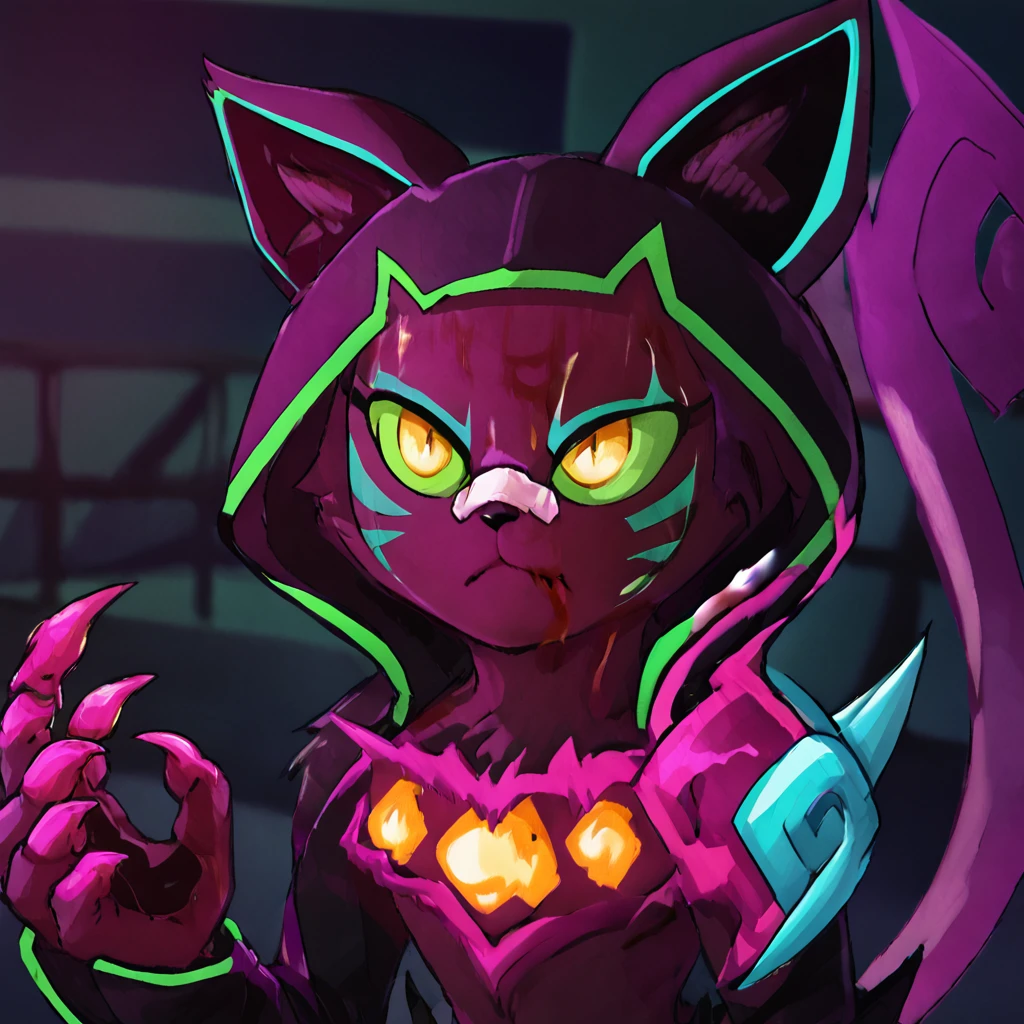 <lora:Kuon:1>  ku0n, 1girl, solo, claws, furry, yellow eyes, cat ears, colored sclera, hood up, black fur, facial mark, green sclera, purple tail, whisker markings, female furry
 <lora:Blade_Runner_Meme:1> Blad3Runner, Night, dark, purple lighting, closed mouth, portrait, bandaid on nose, bandaid on face,blurry background, blood on face,