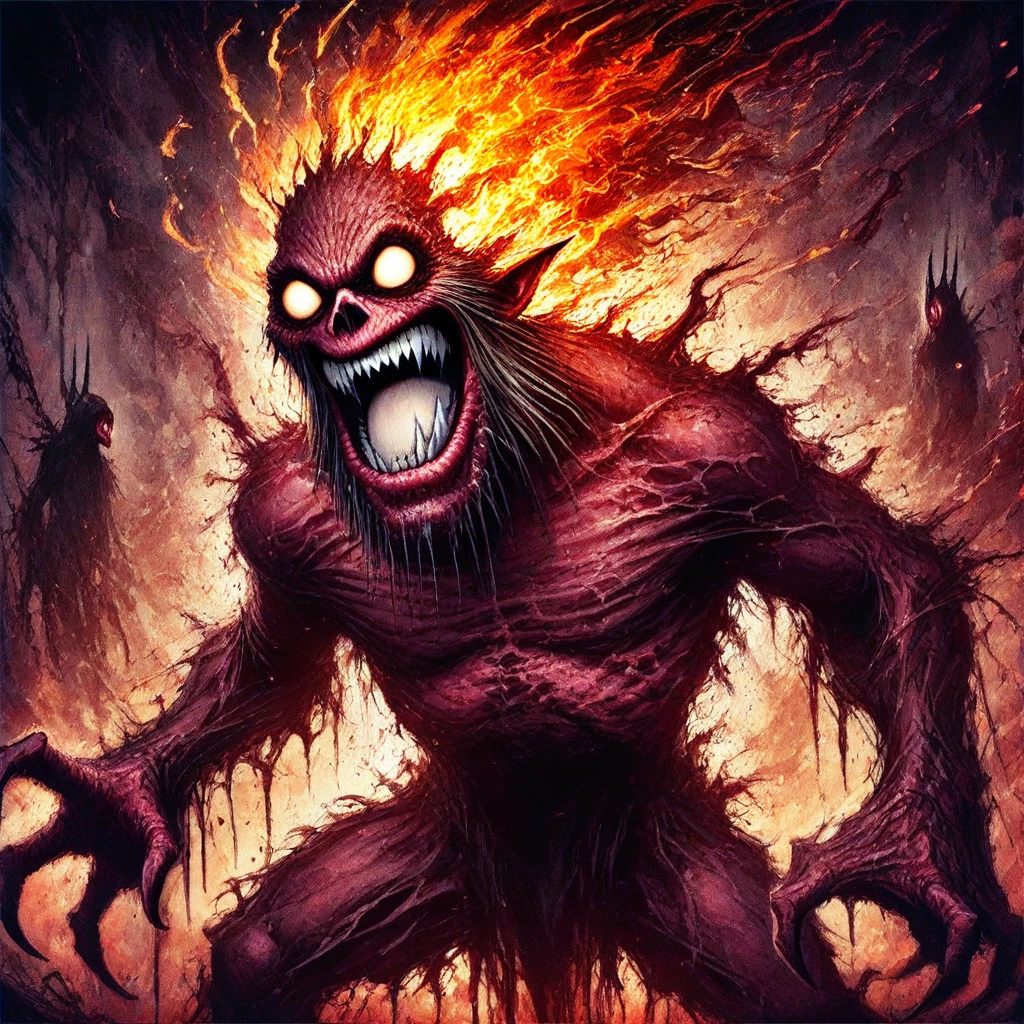 Monster from Hell, big teeth, fire