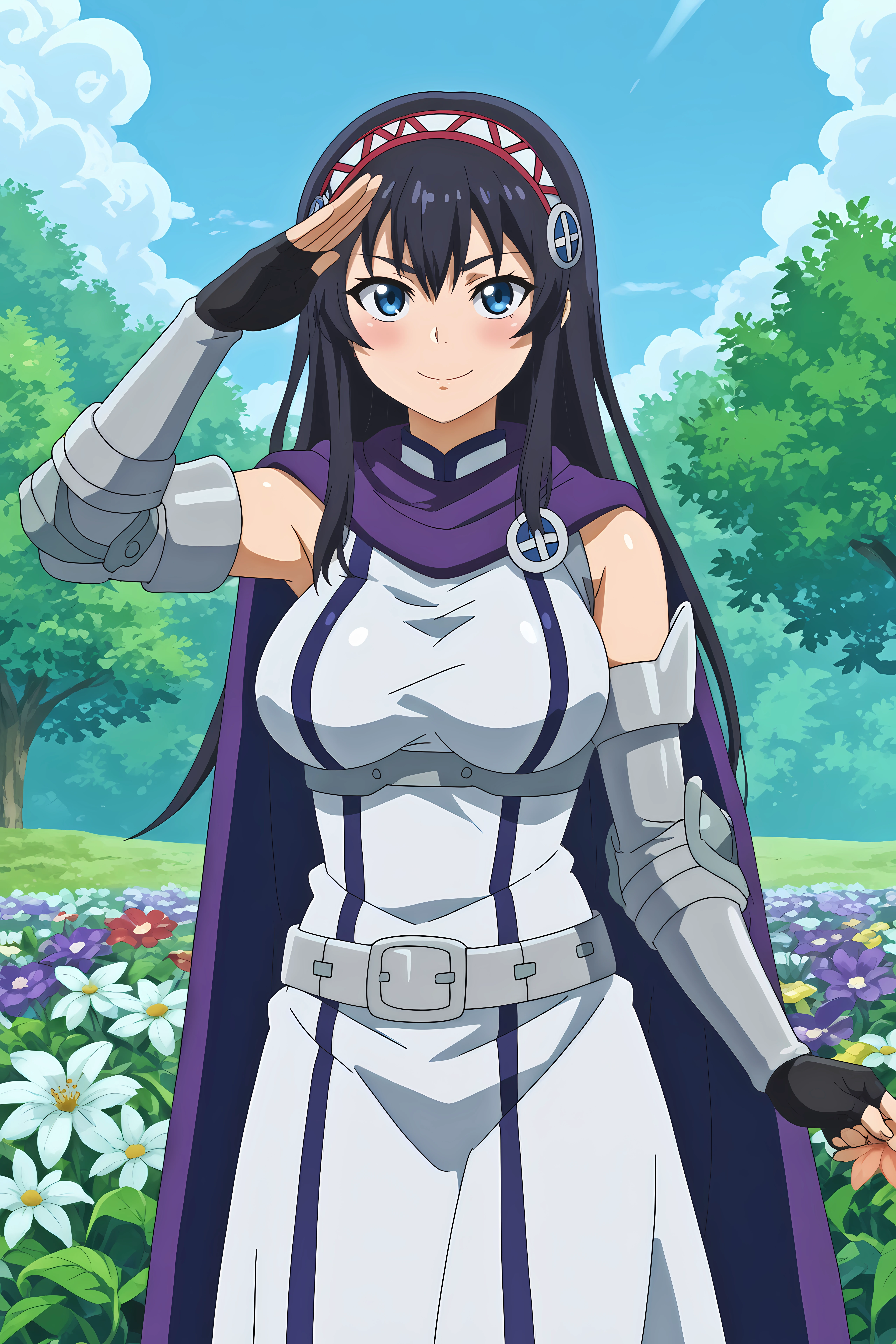 luvelia sanctos,1girl,solo,long hair,gloves,zettai ryouiki,hairband,breasts,large breasts,smile,cape,fingerless gloves,salute

outdoors,purple flower,flower_field,sunlight



<lora:Luvelia_Sanctos_-_Peter_Grill_to_Kenja_no_Jikan.safetensors:0.8>
<lora:detailed_backgrounds_v2.safetensors:0.5>