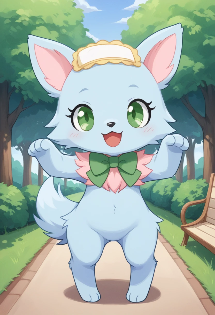 score_9, score_8_up, score_7_up, score_6_up, score_5_up, BREAK
m1lky, anthro, female, jewelpet, solo, bow, green eyes, green bowtie, no humans, :3, park, blue fur, standing, happy, smile, open mouth, adorable pose