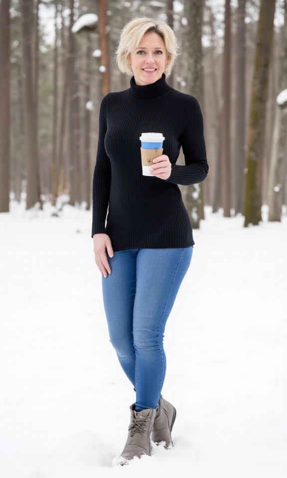 Dee Williams is a blond short hair woman. she wears a turtleneck pullover and jeans and snowboot. The stands in the snow posing and holding a hot wine cup. <lora:Dee_Williams:0.9>