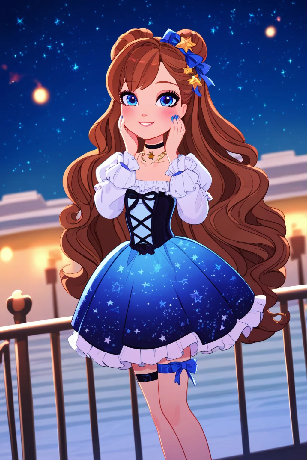 score_9, score_8_up, score_8, <lora:everafterhigh:0.8>, everafterhigh, 1girl, solo, dress, blue eyes, long hair, smile, ribbon, looking at viewer, long sleeves, night, thigh ribbon, frilled dress, leg ribbon, choker, frills, railing, blush, juliet sleeves, puffy sleeves, black dress, closed mouth, cowboy shot, sky, hand on own face, outdoors, star \(symbol\), hands up, brown hair, hair ribbon, holding, blurry background, signature, night sky, jewelry, necklace, blue dress, collarbone, blue ribbon, hand on own cheek, very long hair, hair between eyes, black ribbon, thigh strap, nail polish, hair ornament, standing, black choker, dutch angle, star \(sky\), sleeves past wrists