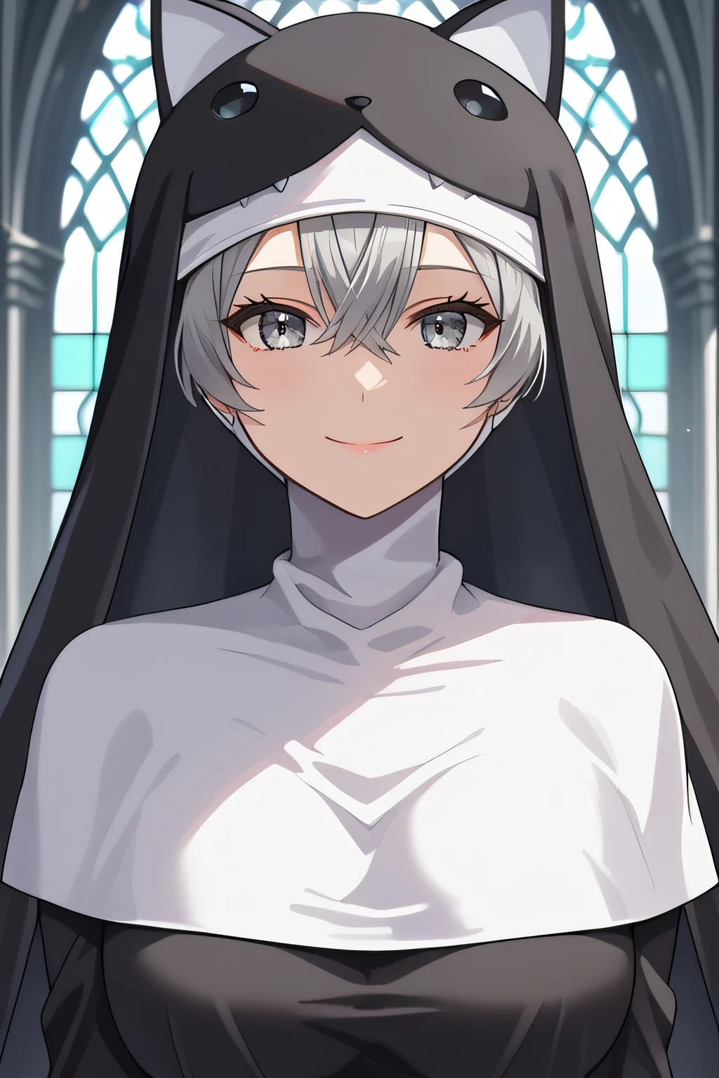 score_9, score_8_up, score_7_up, source_anime, rating_safe, intricate details, anime screencap, official style, 1girl, solo, <lora:Sistermon_Noir:1>, sistermonnoir, grey hair, grey eyes, nun, habit, fake animal ears, looking at viewer, smile, indoor, upper body