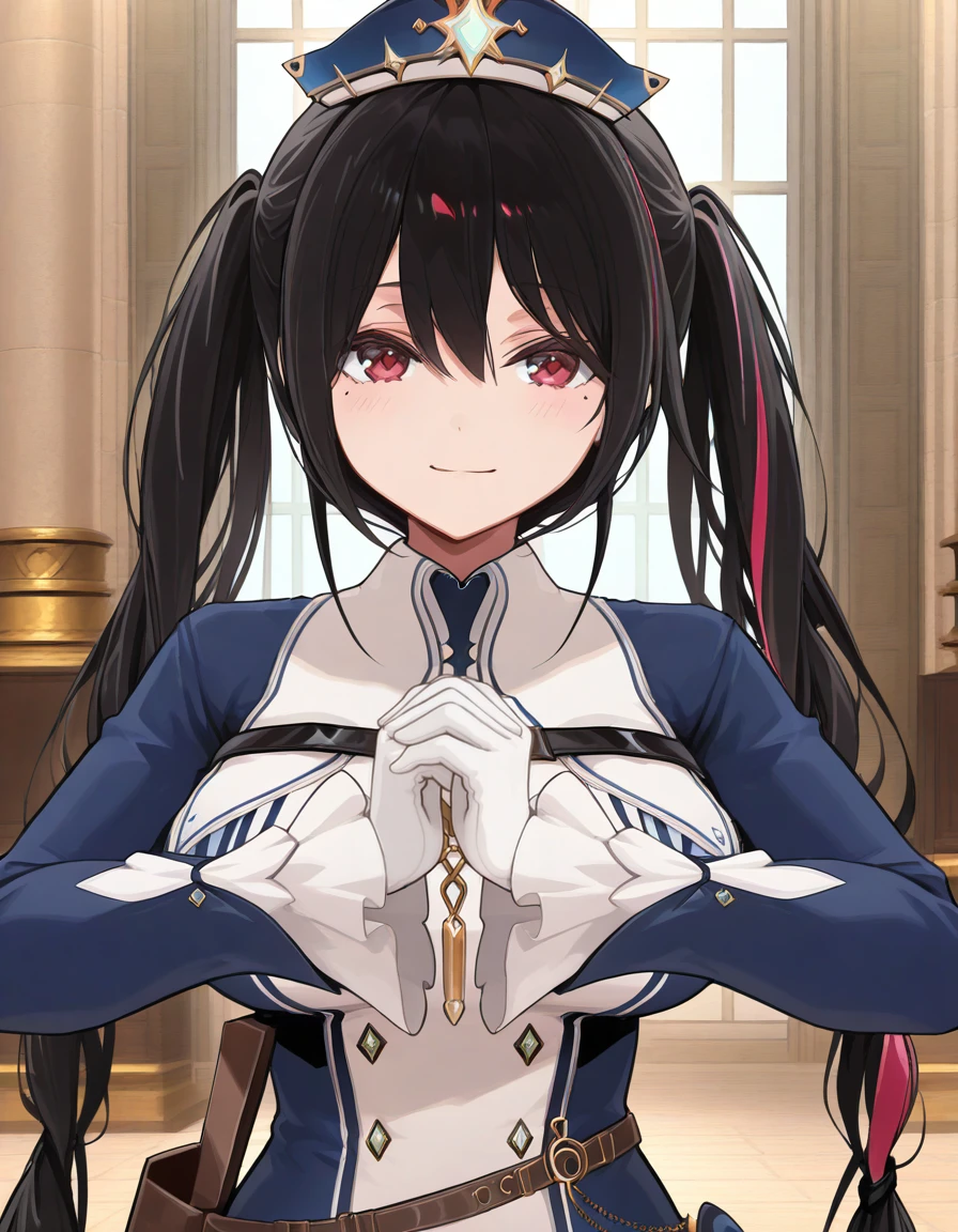 anshinin misa, black hair, very long hair, multicolored hair, two-tone hair, streaked hair, red hair, red eyes, twin braids, mole under eye, virtual youtuber, twintails, hair between eyes, large breasts,  hair ribbon,
blue headwear,  thighhighs, white gloves, boots, hat, thigh boots, black footwear, leotard, ribbon, thighs, black thighhighs, blue leotard, long sleeves, skindentation, showgirl skirt, belt,chest belt,
<lora:anshinin_misa_Illustrious-XL_v1:1>
own hands together standing, dynamic pose , closed mouth, blush, light smile looking at viewer,(upper body, close-up:1.5) indoors, church, 1girl,solo,
highres, hi res, best quality, masterpiece, 2d, intricate details, 4k, anime coloring
newest,