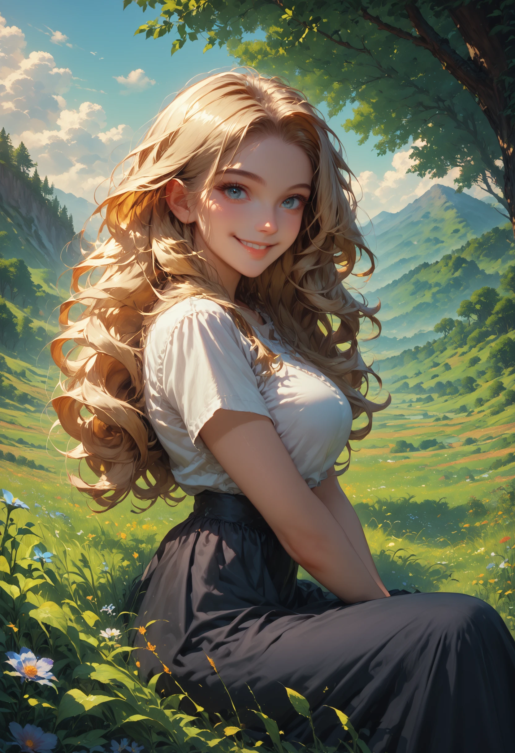 1girl, outdoors, solo, breasts, smile, skirt, looking at viewer, flower, day, tree, short sleeves, sitting, sky, shirt, black skirt, grass, white shirt, cloud, from side, mountain, long skirt, Bscore_9,score_8_up,score_8,score_7_up,score_7,