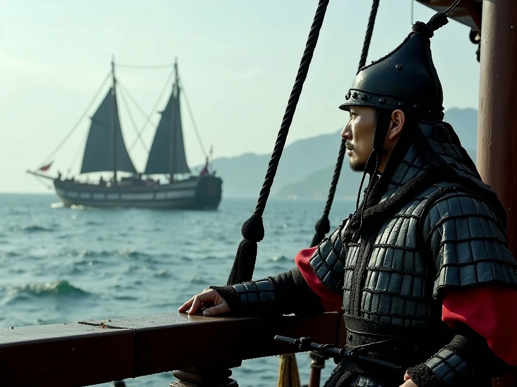 jsn_uniform A man looks out to sea from the deck of a Korean Joseon Dynasty Panok ship in 1592. 