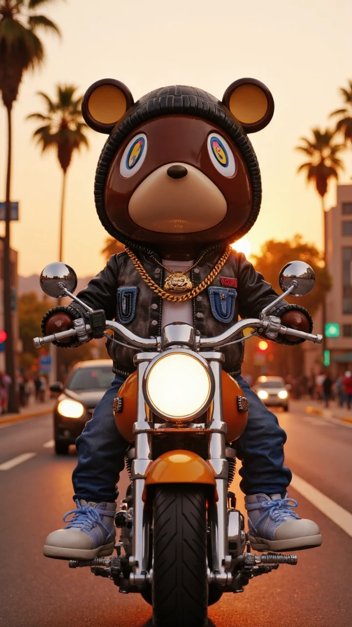 (Murakam!), An action shot from a drone in the sky of a Murakami Bear riding a low rider motorcyle down the hollywood strip during sunset, the figure is 3 different shades of brown and wearing a beanie over it's head, it is wearing a thick gold chain on it's neck