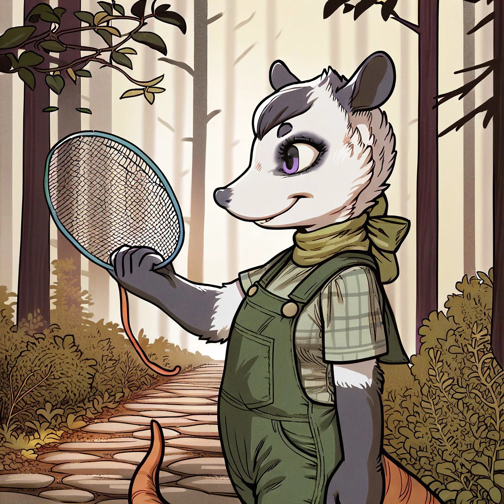 score_9, score_8_up, score_8, score_7, source_cartoon, source_furry, high quality, detailed,
Solo, 1girl, anthro, female furry, Possum, opossum, virginia opossum, Pale white and black fur, black hair, violet eyes, hairless tail, young furry, child, dark green shirt, light green overalls, holding net, side view, walking forward, forest background, smiling, excited look,