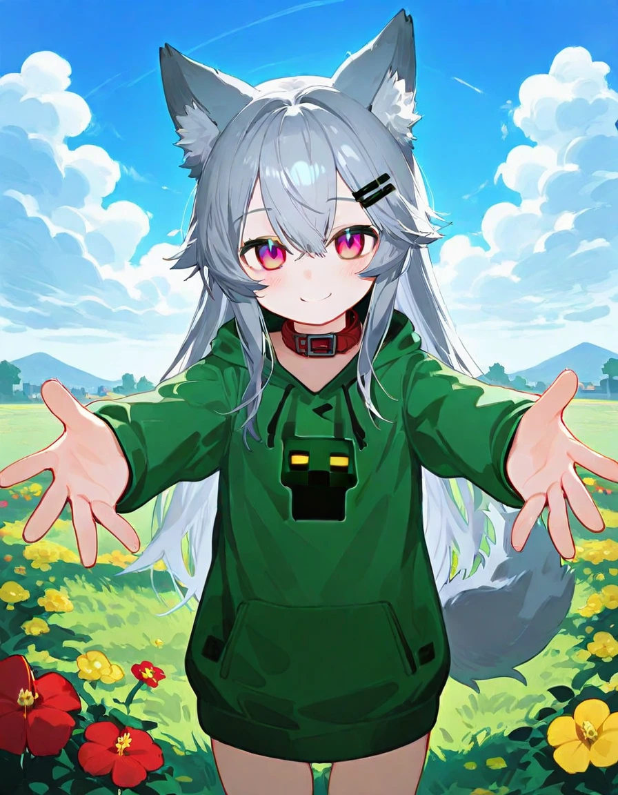 masterpiece, best quality, high quality, good quality,  1girl, ooriru, creeper hoodie, magenta eyes, grey hair, hairclip, animal collar, wolf tail, smile, cowboy shot, looking at viewer, arms outstretched, incoming hug, blue sky, cloud, grass, red flower, yellow flower, minecraft  <lora:ooriru-illust-v4:0.7>