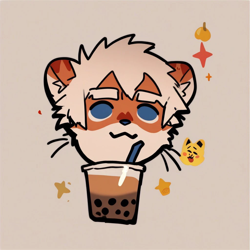 score_9_up, score_8_up, score_7_up,  milkytiger, tiger ears, tiger boy, white eyebrows, blue eyes, 1boy, solo, pin, mikus-style, emoji, stickers, holding, bubble tea