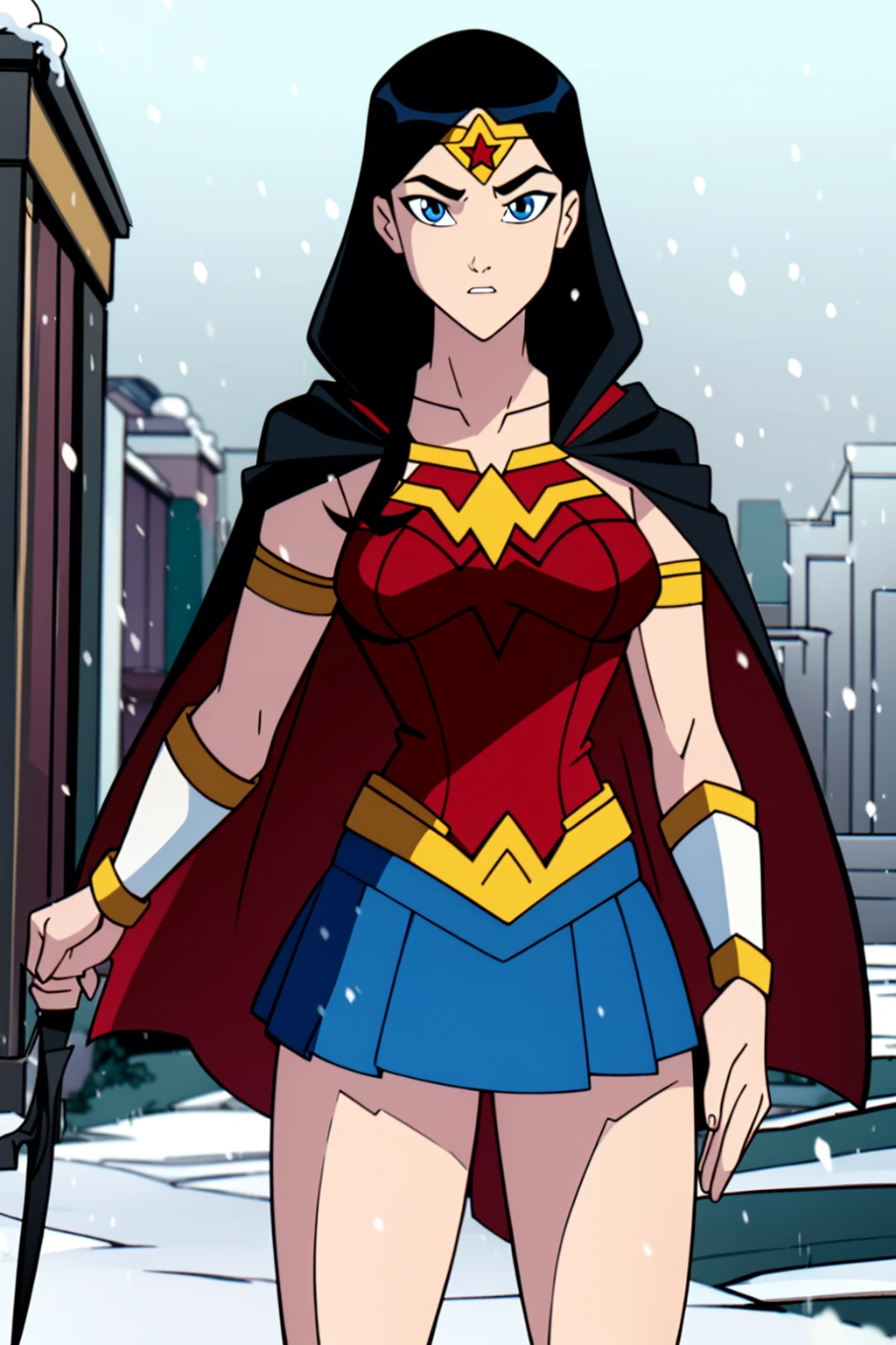 jim lee,

1girl, wonder woman, armlet, black hair, bracer, breath, cape, cowboy shot, depth of field, holding, holding weapon, lasso, looking at viewer, parted lips,, shield, skirt, snow, snowing, solo, superhero, weapon, weapon behind back

, ((masterpiece)