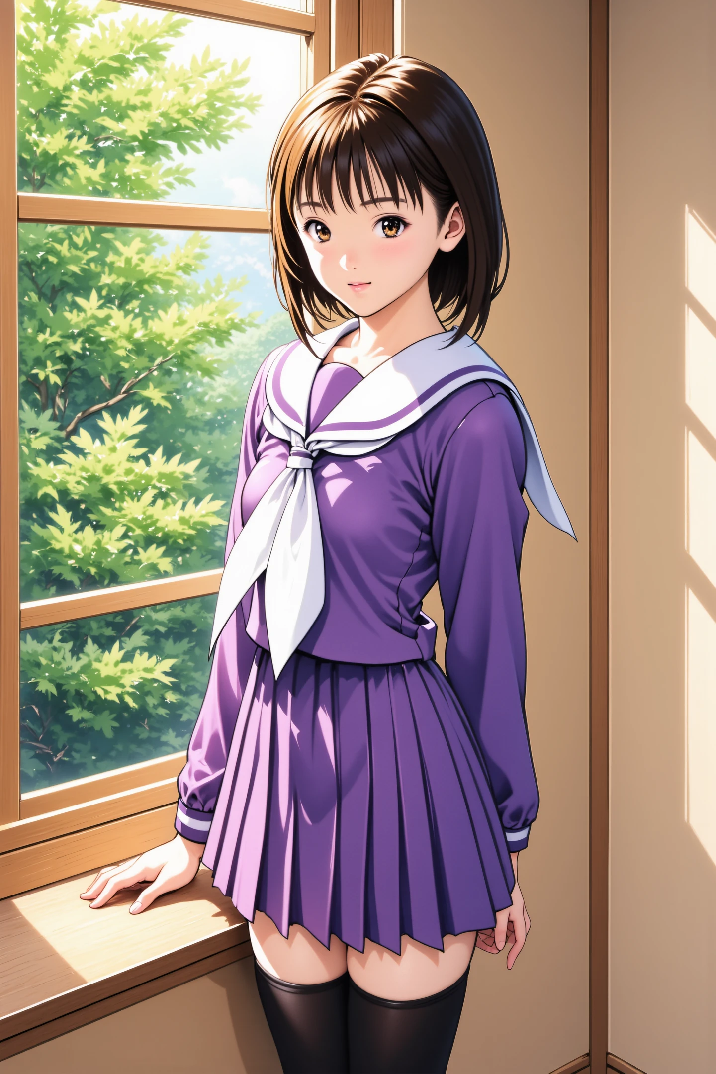 Yoshizuki iori,a young Japanese woman standing indoors near a window. The woman has fair skin,large expressive brown eyes,and shoulder-length,straight brown hair with bangs. She is dressed in a traditional Japanese schoolgirl uniform,known as a sailor uniform,which consists of a long-sleeved,purple blouse with a white collar and a white sailor collar,and a matching pleated skirt in the same shade. Her outfit also includes a white scarf tied around her neck,and thigh-high black stockings.,
The background features a wooden window frame with horizontal slats,through which sunlight streams,casting soft shadows and illuminating the room. Outside the window,lush green foliage is visible,suggesting a serene,natural setting. The interior walls are painted in a light beige color,and the floor appears to be wooden. The overall composition is vibrant,with a mix of soft and sharp lighting,enhancing the textures and details of the subject's clothing and the surrounding environment. The illustration captures a sense of innocence and youthful charm,typical of anime artistry.,
<lora:Katsura Masakazu_FLUX:1>,