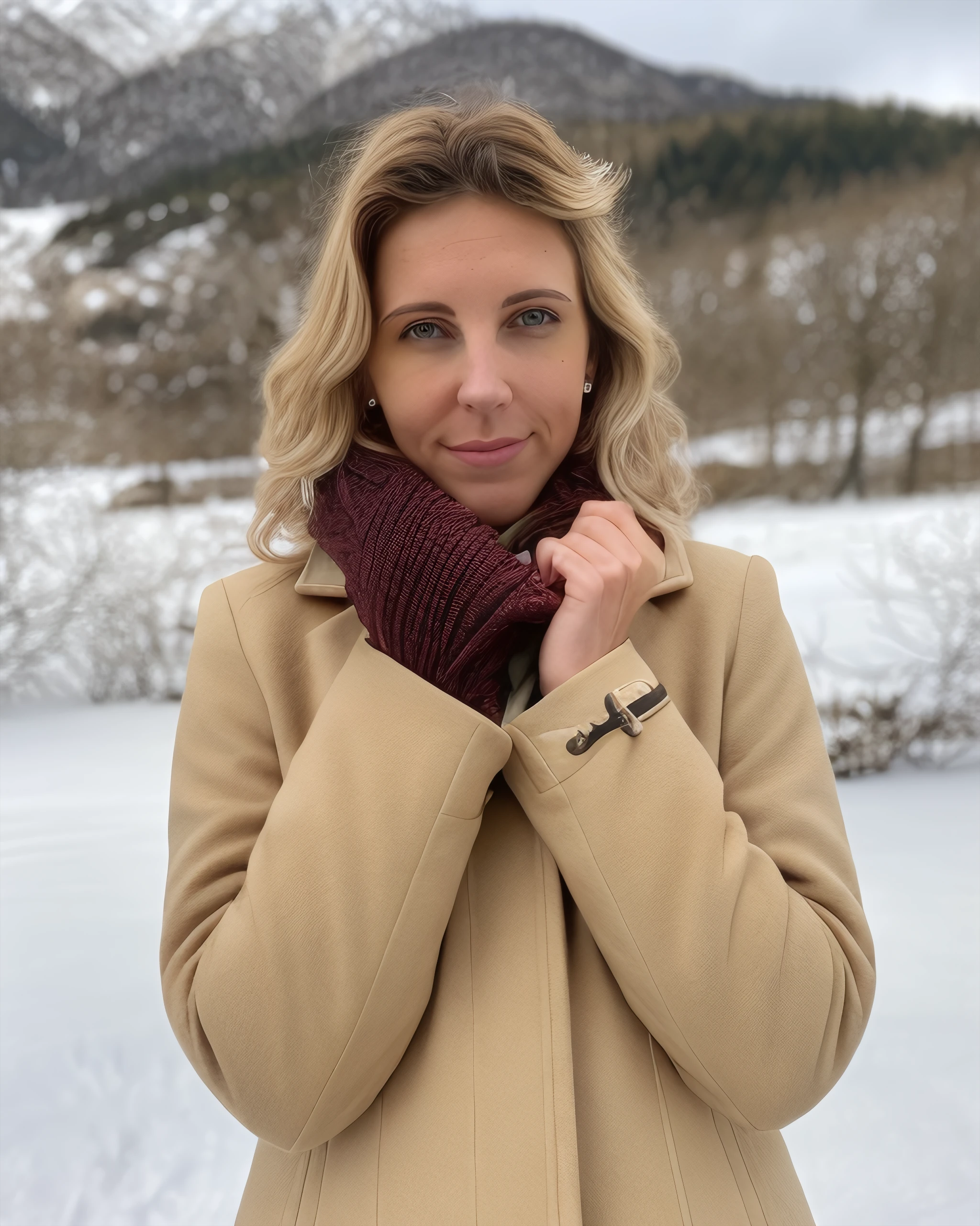 hfs,  ((detailed eyes, beautiful eyes, detailed face):1.2), amateur, photo of a woman, (parted lips) eyeliner, hands on hips, outdoors, dark roots, coat, scarf, snow, mountain  ((blonde hair, wavy  hair)), RAW Photo, realistic, <likenesshelpbyshurik3>