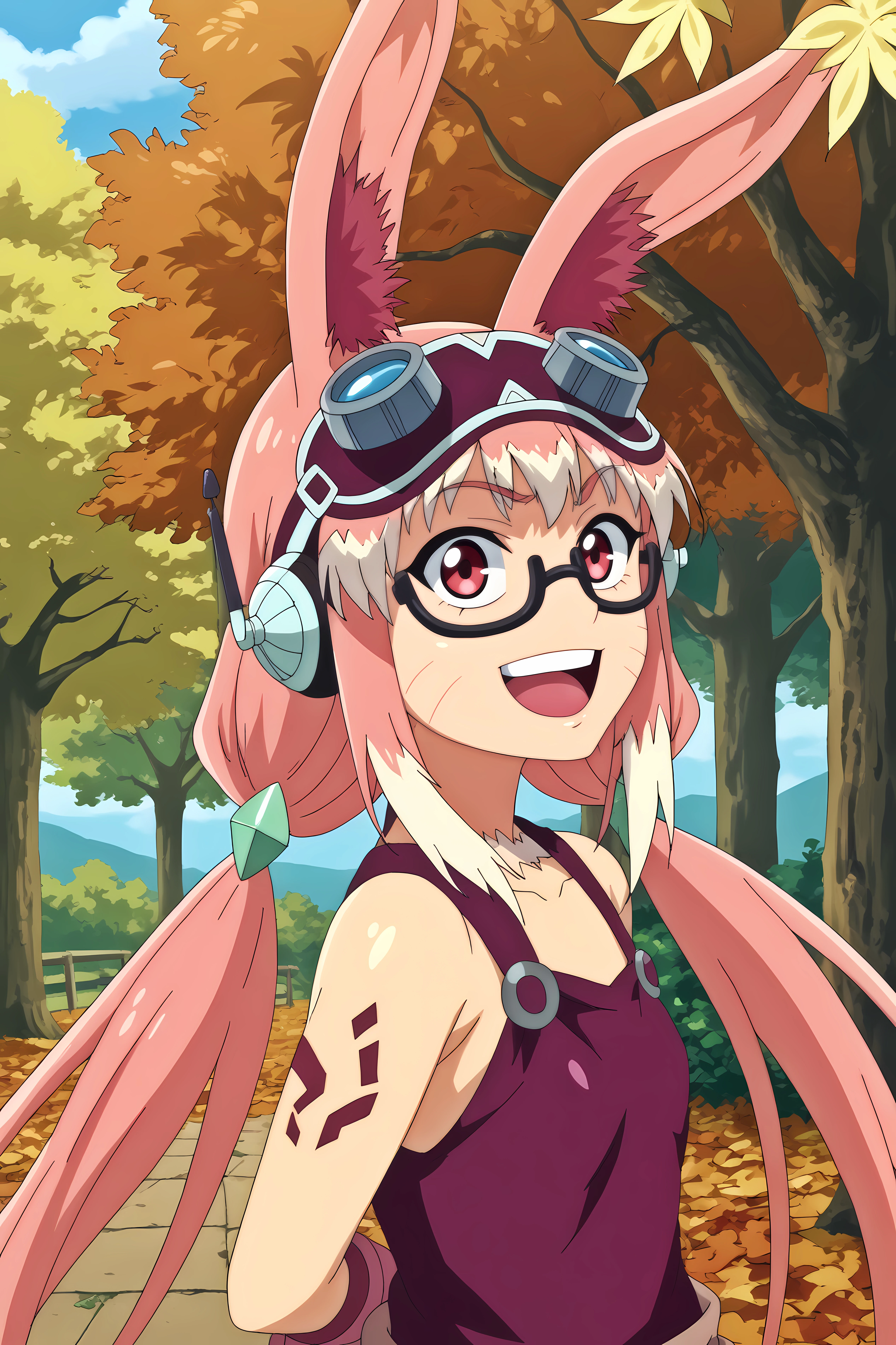 mithlim netherland,1girl,solo,animal ears,gloves,googles,pink hair,rabbit ears,long hair,glasses,twintails,open mouth,smile,from_side,upper body,hands behind the back,leaning_forward


BREAK
outdoors,autumn_leaves, sunset,orange_background, tree,autumn



<lora:Mithlim_Netherland_-_Peter_Grill_to_Kenja_no_Jikan.safetensors:0.8>
<lora:detailed_backgrounds_v2.safetensors:0.5>
