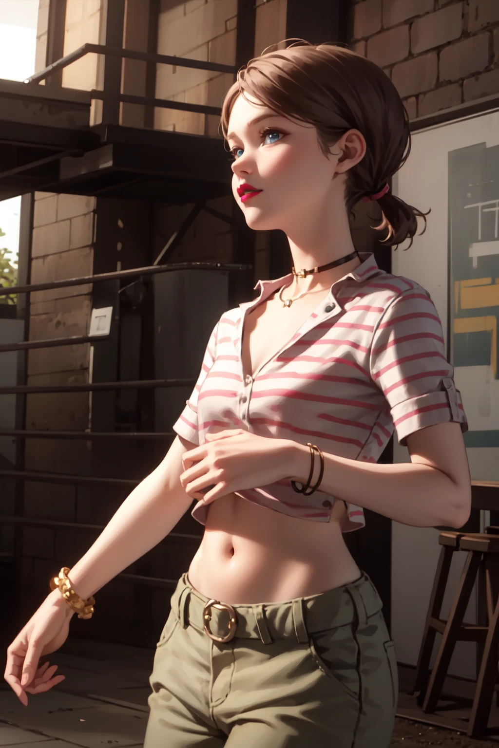 jess harding, 1girl, solo, blue eyes, pink lipstick, standing, teen, slender, brown hair, short hair, small twintails, choker, bracelet, brown shirt, striped undershirt, midriff, small breasts, wide hips, brown pants, cowboy shot, cinematic lighting, highres, high quality, masterpiece, 4k, looking at viewer