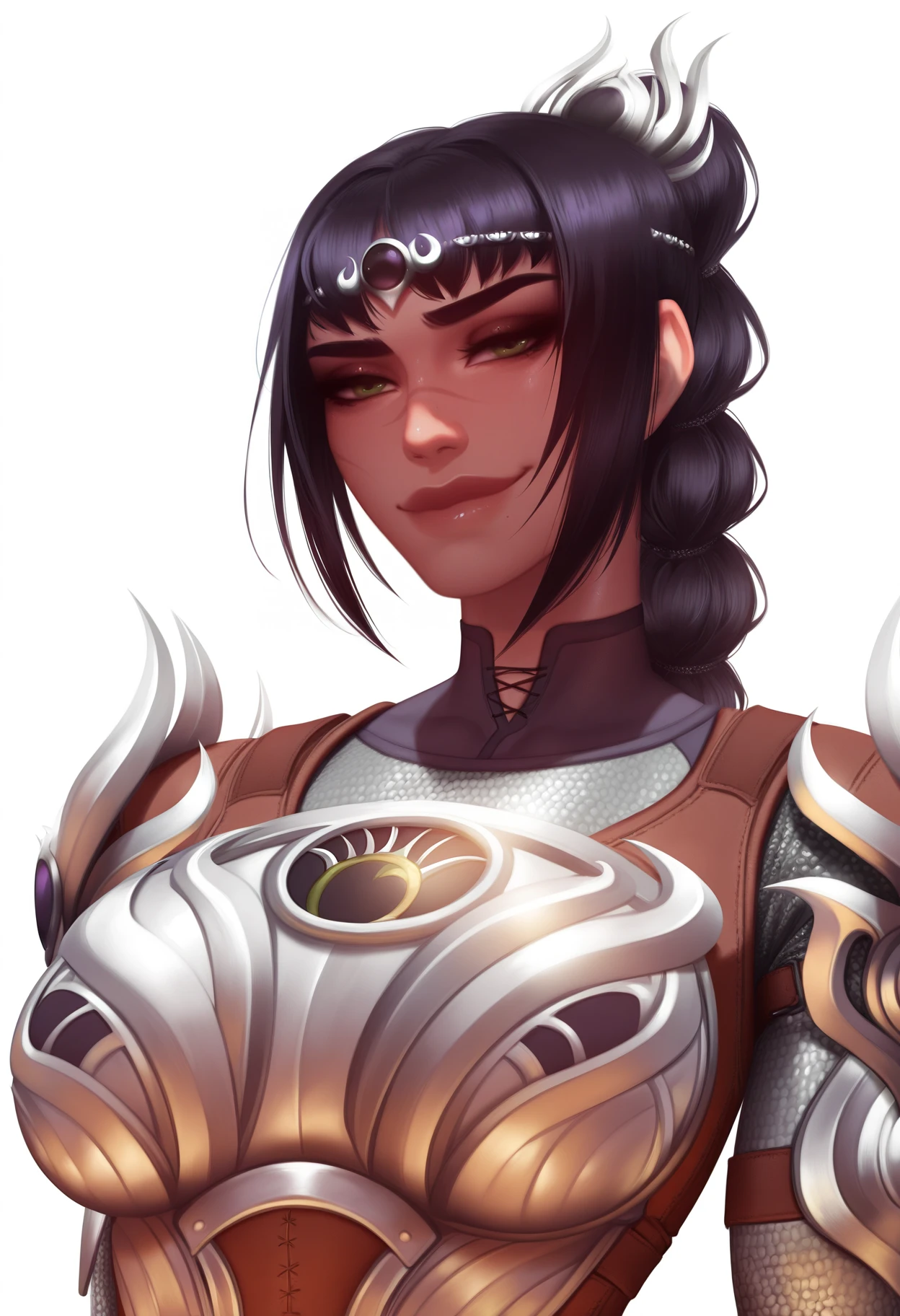 luminyu, best quality, amazing quality, very aesthetic, absurdres,
1girl, solo, shadowheart, black hair, braided ponytail, green eyes, scar on face, circlet, armor, large breasts,
horny smile, looking at viewer, upper body, simple background, white background   <lora:ShadowHeartIllustrious_byKonan:0.8> ,   <lora:LuminyuIllustriousXL_byKonan:1>