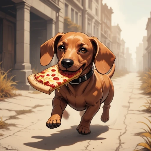 Digital ilustration in style of PaintedComicstyleV1 of a dachshund running away with a big slice of pizza in his mouth