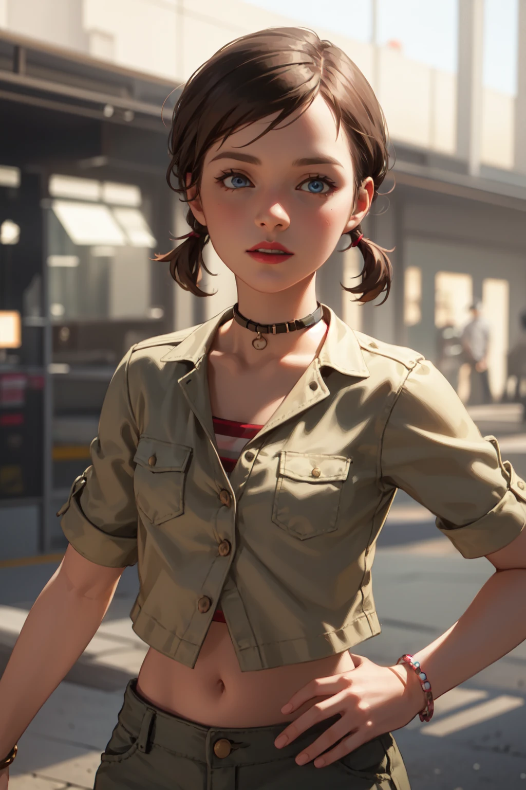 jess harding, 1girl, solo, blue eyes, pink lipstick, standing, teen, slender, brown hair, short hair, small twintails, choker, bracelet, brown shirt, striped undershirt, midriff, small breasts, wide hips, brown pants, cowboy shot, cinematic lighting, highres, high quality, masterpiece, 4k, looking at viewer