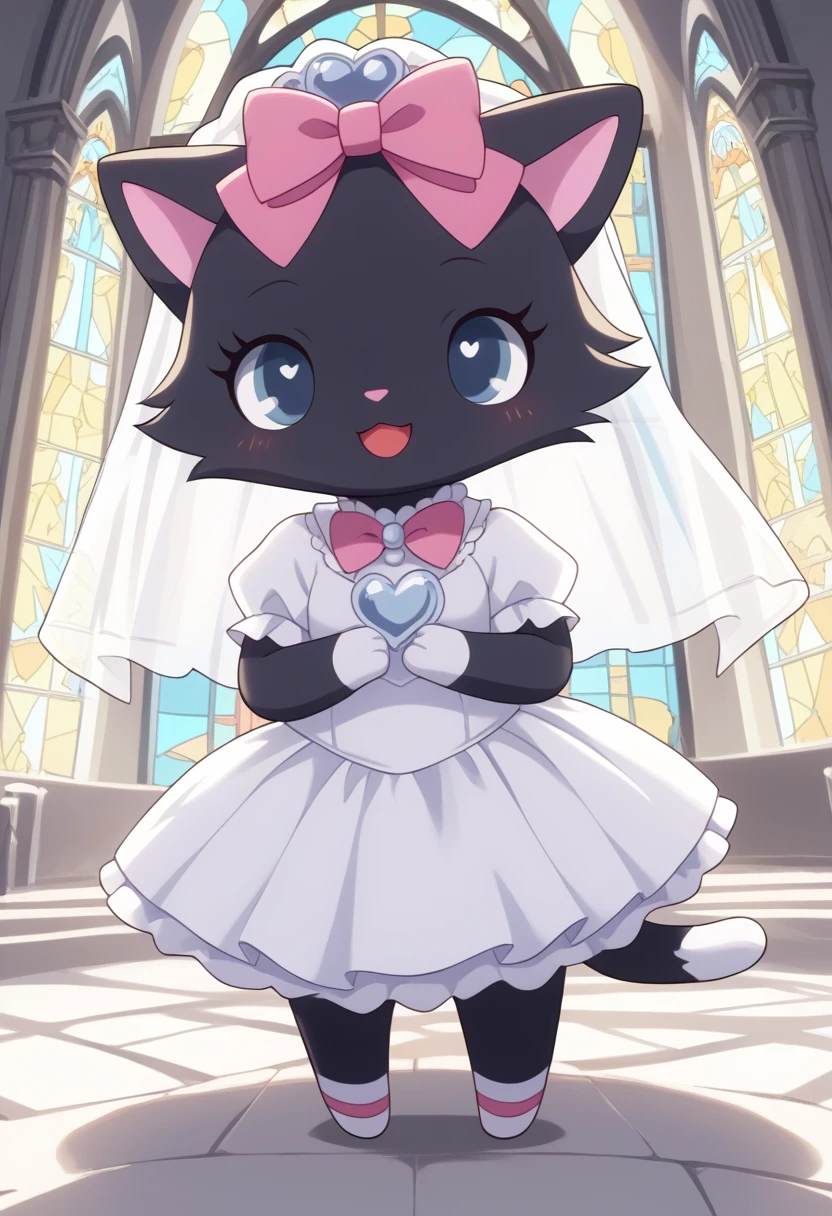 score_9, score_8_up, score_7_up, score_6_up, score_5_up, BREAK
di4na, anthro, female, jewelpet, solo, open mouth, smile, bow, hair bow, heart, no humans, :3, church, pink bow, standing, wedding dress, wedding veil, chibi, furry