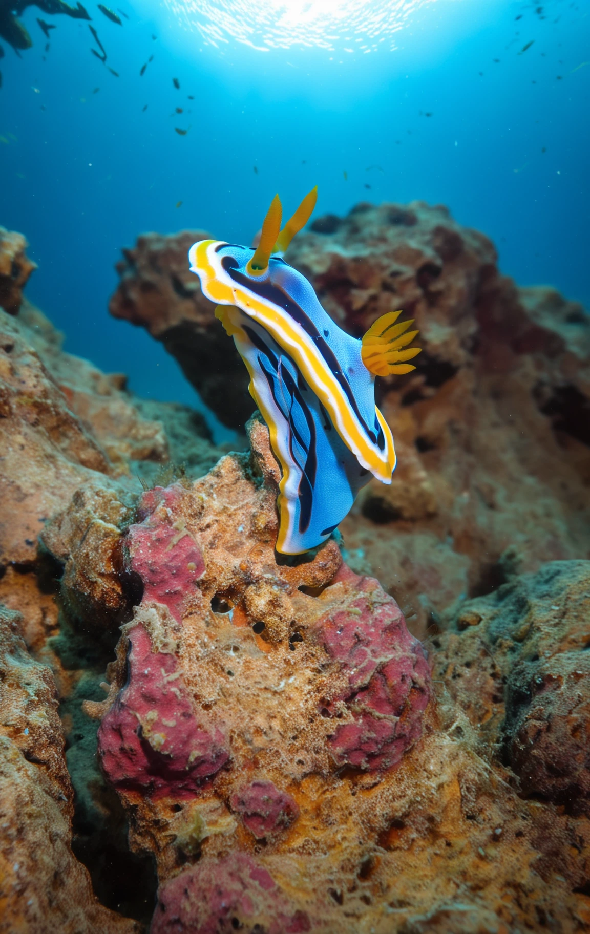 underwater photo from below of a chromodoris annae on a rock,
BREAK
intricate detail, vibrant colors