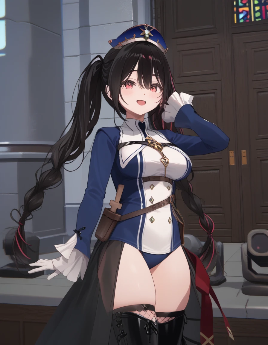 anshinin misa, black hair, very long hair, multicolored hair, two-tone hair, streaked hair, red eyes, twin braids, mole under eye, virtual youtuber, twintails, hair between eyes, large breasts, framed breasts, hair ribbon,
blue headwear,  thighhighs, white gloves, boots, red hair, hat, thigh boots, black footwear, leotard, ribbon, thighs, black thighhighs, blue leotard, long sleeves, skindentation, showgirl skirt, belt,chest belt
<lora:anshinin_misa_Pony_v1:1>
standing, dynamic pose ,
open mouth, blush,light smile
looking at viewer,(cowboy shot,:1.4)
indoors, church, score_9, score_8_up, score_7_up, best quapoty, highres, absurdres, source_anime, zPDXL3, 1girl,solo