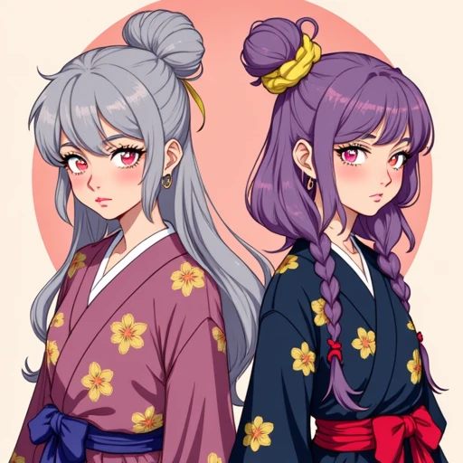 both with strikingly different appearances.   The woman on the left has light gray hair styled in elegant, which are accentuated with long, dark purple, featuring a red obi tied in the back., wavy lavender hair styled in a messy bun adorned with a yellow scrunchie. She has large, ornate outfit that combines traditional and modern elements., giving her a youthful, anime-inspired art style. The subject is a young woman with an ethereal