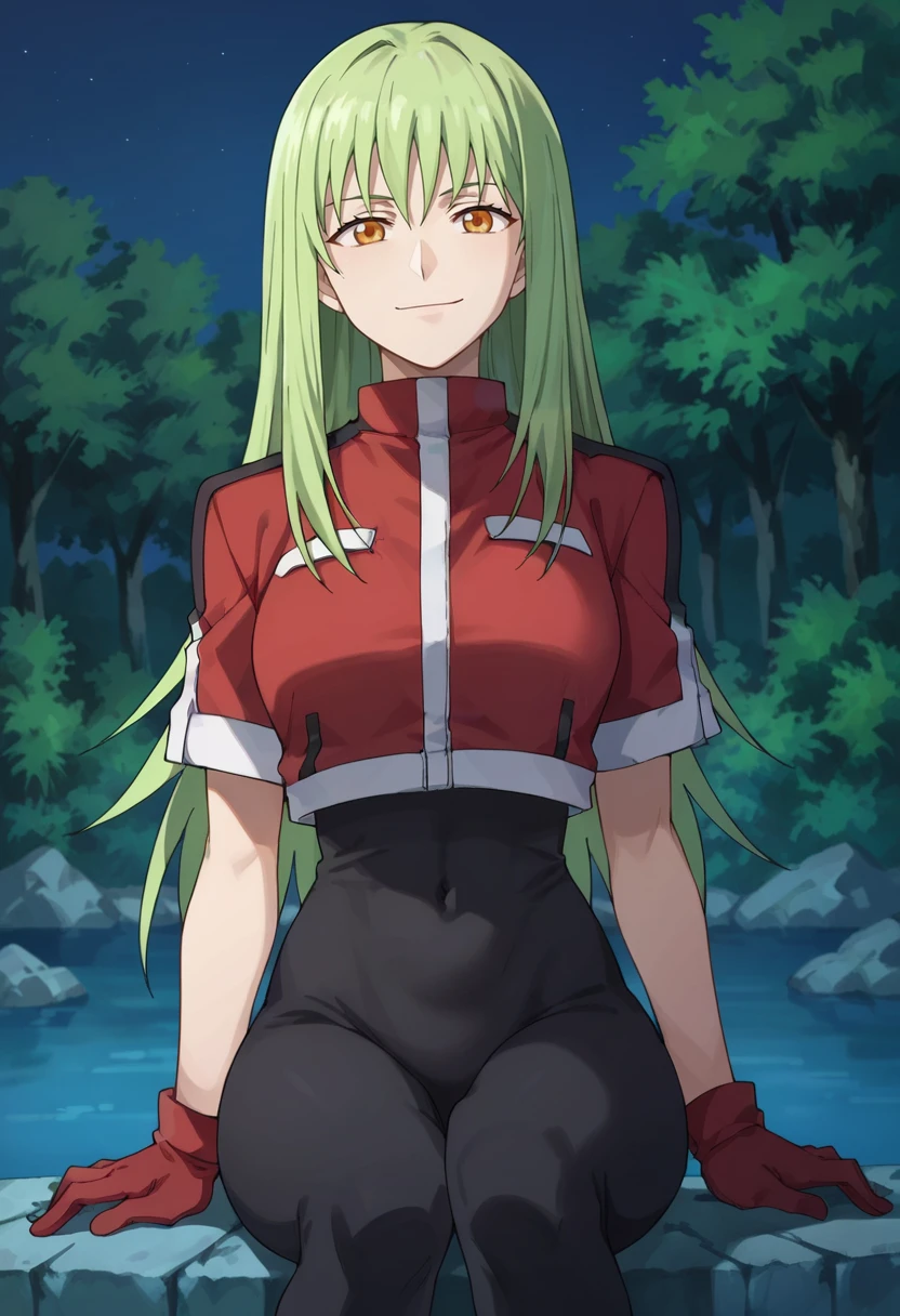 score_9,score_8_up,score_7_up,score_6_up,score_5_up,score_4_up,anime coloring,source_anime,<lora:Amber_Darker_than_Black_PonyXL:0.8>,dtbamber,1girl,solo,orange eyes,green hair,long hair,red cropped jacket,black pants,red gloves,smirk,sitting,arm_support,outdoors,forest,night,looking_at_viewer,mature,