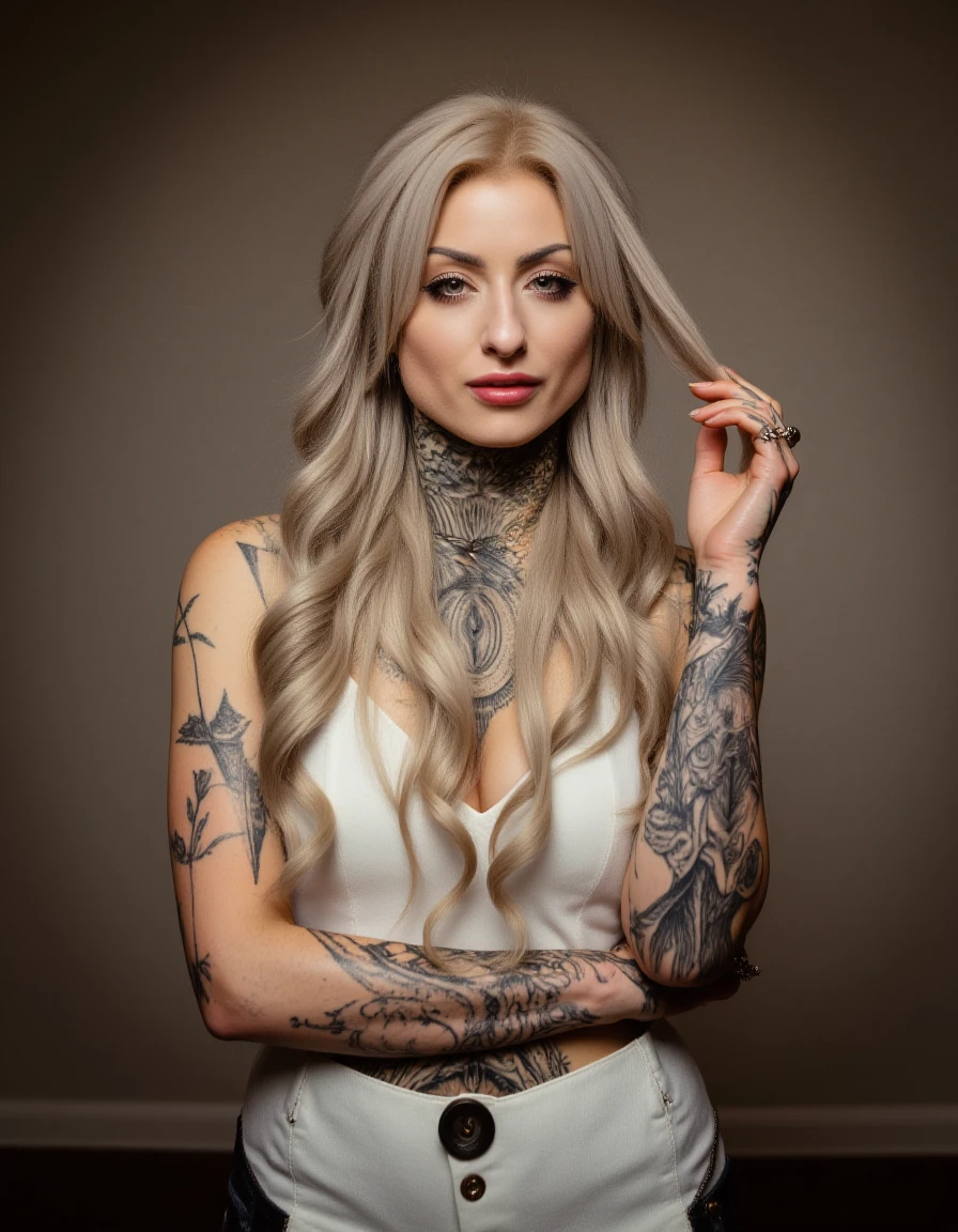 <lora:Ryan_Ashley-FLUX:1.25> ohwx woman, long blonde hair, tattoo,