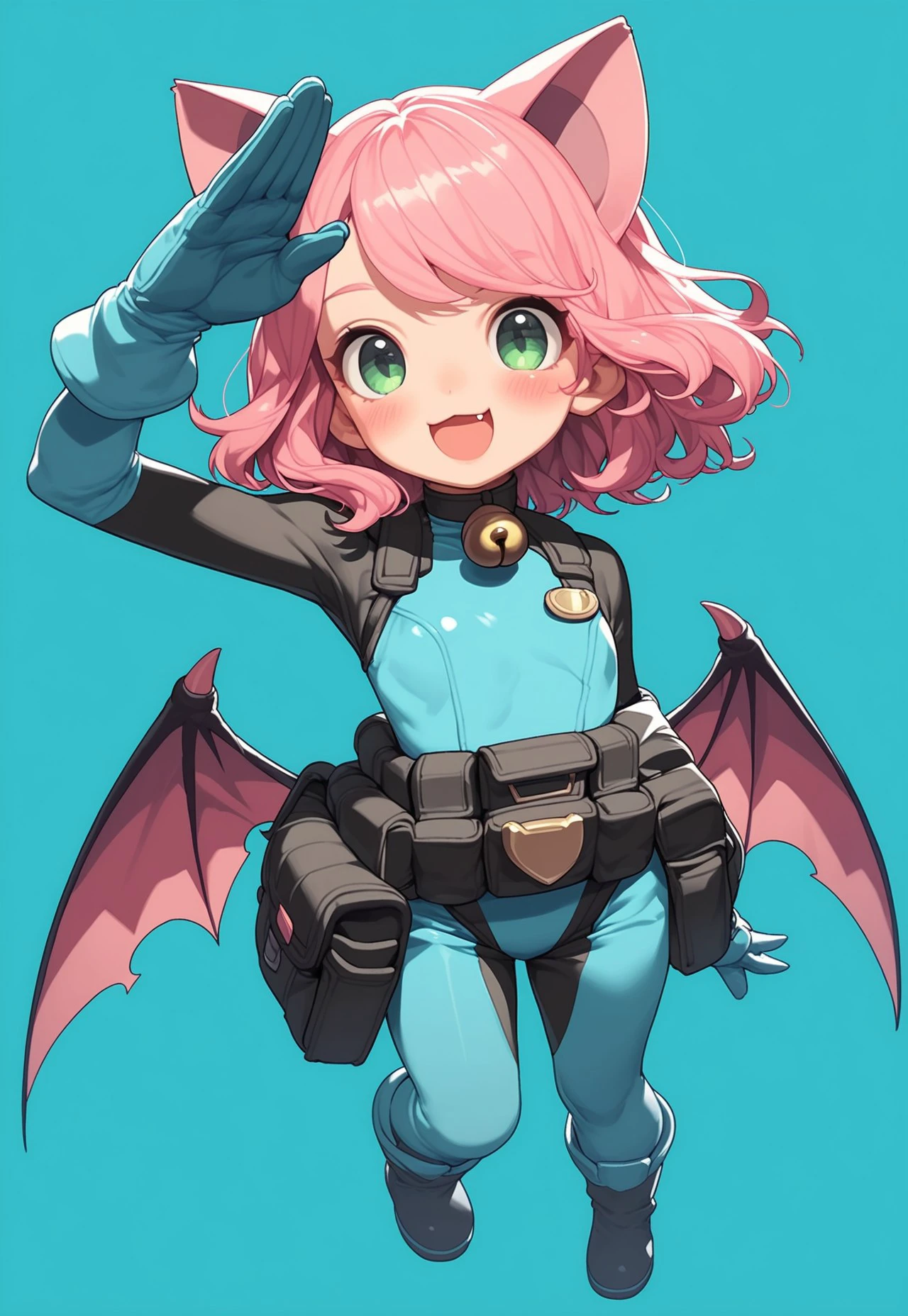 PonyXLV6_Scores BREAK 3rthch1b1, 1girl, solo, wings, pink hair, gloves, animal ears, smile, open mouth, bell, looking at viewer, simple background, blue background, cat ears, bodysuit, medium hair, salute, neck bell, boots, full body, bat wings, green eyes, pouch, blush, black footwear, bangs, blue gloves