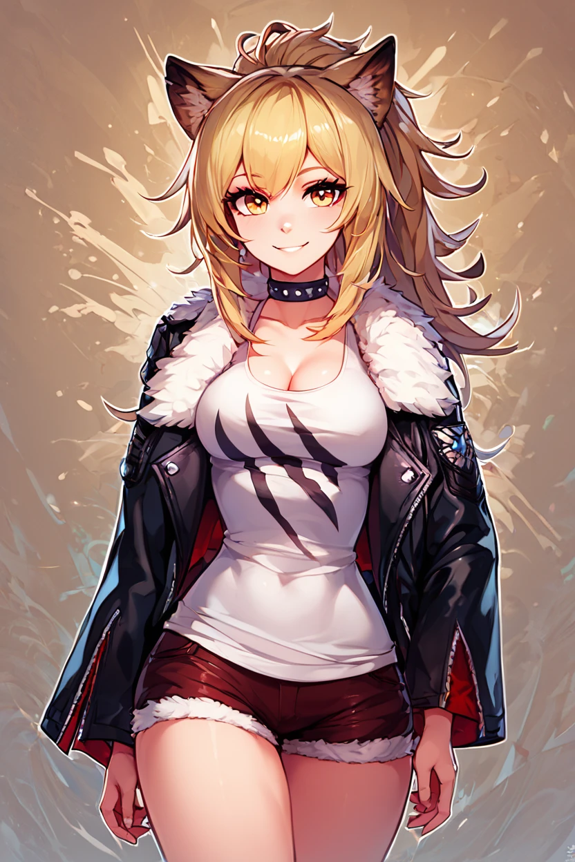 score_9, score_8_up, score_8, medium breasts, (curvy), cute, eyelashes,       ,,, , ,,,  zzSiege, blonde hair, cat ears, jacket, choker, large breasts, fur trim, black jacket, tank top, fur-trimmed jacket, black choker, cleavage,  <lora:Siege_Arknights_PDXL:1.0>,   ,,,, BREAK, smile, looking at viewer, ,,, abstract background, white outline, cowboy shot, ,,, embedding:zPDXL, Expressiveh, ,,, <lora:CatalystStylePDXL:0.6>, <lora:SDXLFaeTastic2400:0.5>, <lora:Expressive_H-000001:0.4>,