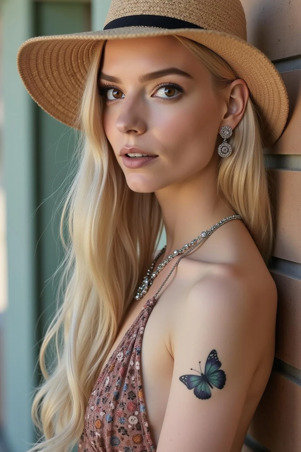 A vogue magazine cover of a young woman with {hair} hair looking away from the camera with tattoo of a  
    butterfly on her shoulder, wearing a halter neck dress and a wide brimmed straw hat, leaning against a wall,   
    non - nude portrait, style of a fashion model, detailed jewelry