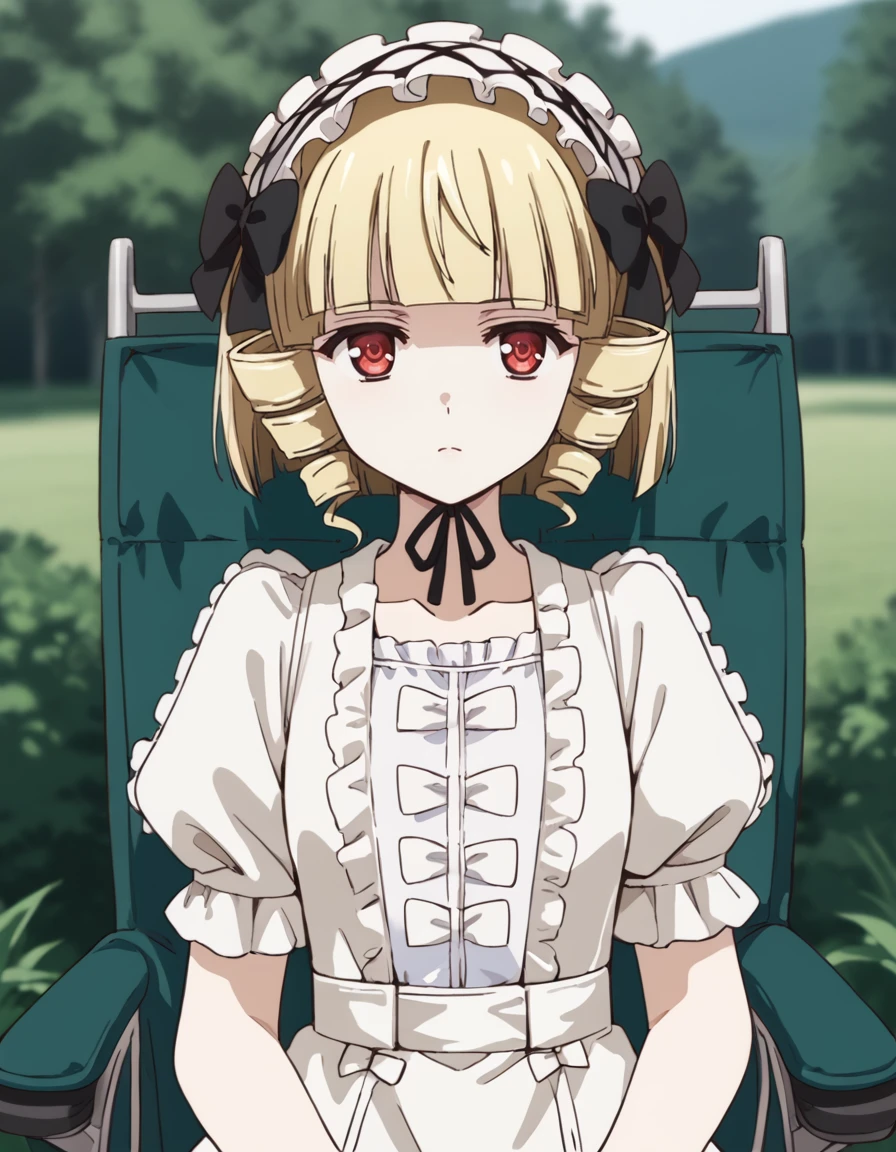 score_9, score_8_up, score_7_up, source_anime, BREAK
1girl, solo, looking at viewer, blurry background, expressionless, outdoors, scenery, forrest,
kana tachibana, blonde hair, drill hair, short hair, blunt bangs, red eyes,
white gothic outfit, hairband, black hair bow, chin ribbon, collarbone, white dress, puffy sleeves, short sleeves, frills, white bowtie, pleated skirt, short skirt,
sitting, wheel chair,
<lora:kana_tachibana_anime-soralz:1>