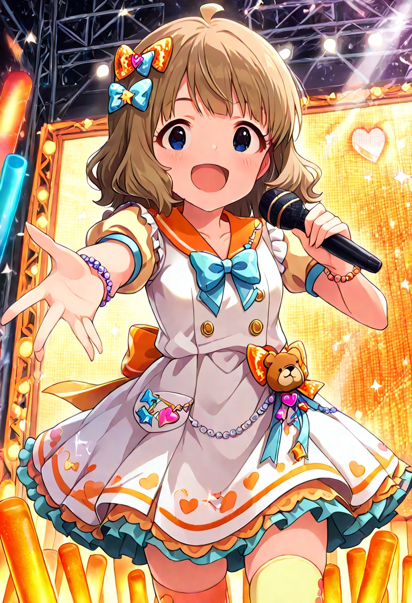 masterpiece, best quality, absurdres, very aesthetic, general,
suou momoko, fancy alamode, ahoge, short hair, star hair ornament, mismatched legwear, blue bowtie, frilled skirt, cowboy shot, hair ornament, frilled dress, wavy hair, heart ornament, glowstick, sparkle, brown hair, star ornament, hair bow, bracelet, thighhighs, microphone, orange bow, blush, bear ornament, zettai ryouiki, light brown hair, bead bracelet, :d, medium hair, holding microphone, print legwear, eyebrows visible through hair, outstretched arm, sailor dress, puffy short sleeves, yellow legwear, pleated dress, blue neckwear, 1girl, polka dot bow, standing, orange thighhighs, beads, frilled sleeves, smile, white dress, solo, blue bow, collarbone, orange sailor collar, back bow, stage lights, open mouth, puffy sleeves, sailor collar, frills, buttons, heart hair ornament, asymmetrical legwear, waist bow, blue eyes, stage, short sleeves, yellow sleeves
<lora:suou_momoko_illustXl_locon_v1:0.7>