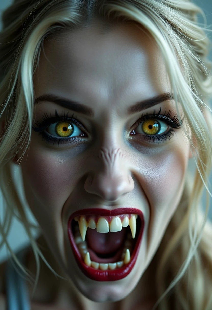 A close-up image of a beautiful woman, capturing her vampiric allure. Her long blond, ponytailhair frames her face, the strands falling wildly around her pale skin. The eyes are light yellow. Her mouth is slightly open, revealing sharp, Dracula-like teeth, creating a chilling yet seductive expression. The intensity in her eyes contrasts with her fierce, yet subtle vulnerability, exuding a dangerous beauty.