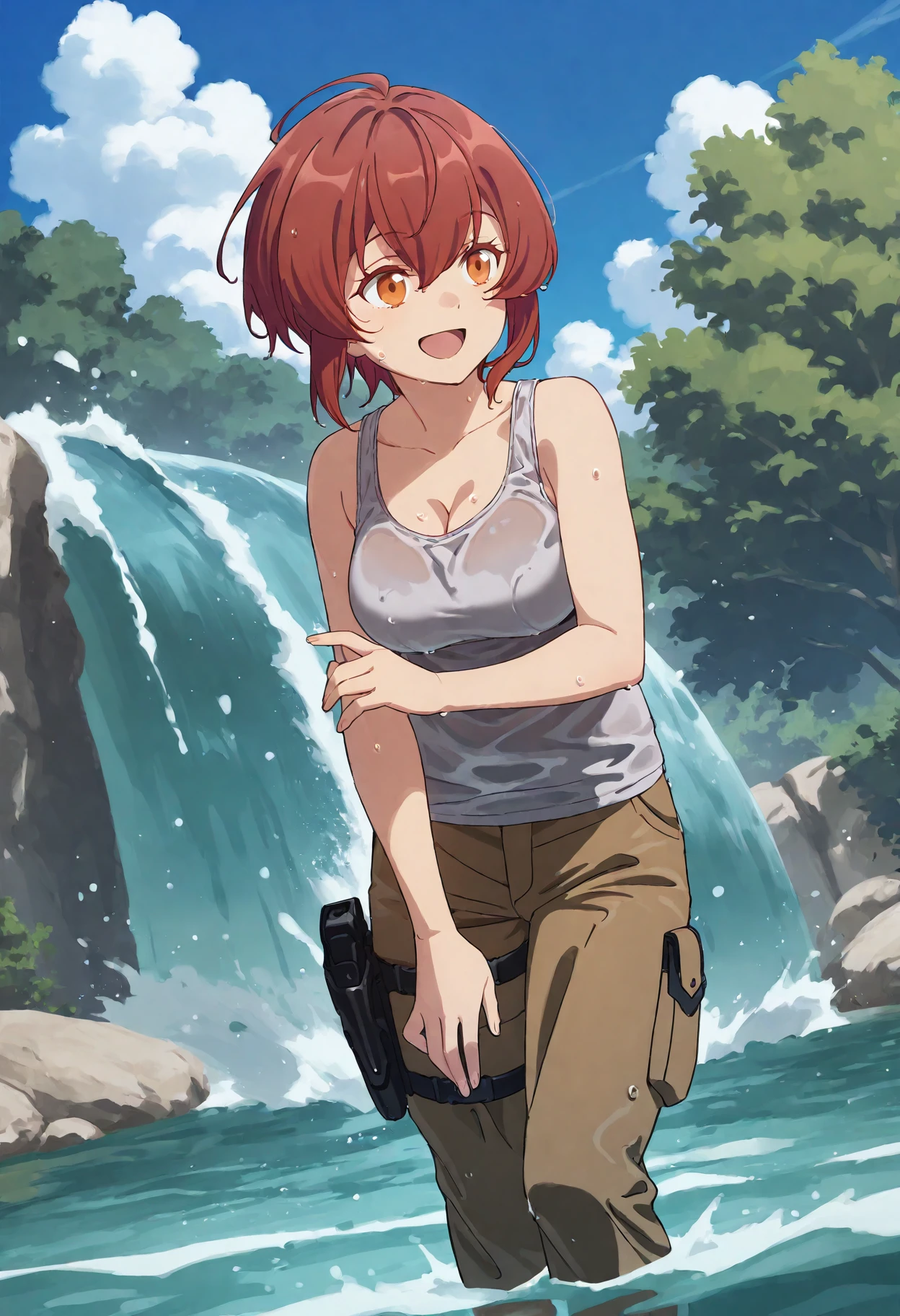 kurenakukumila, 1girl, solo,, outdoors, water, short hair, tank top, cleavage, red hair, open mouth, tree, sleeveless, brown eyelashes, sidelocks, day, holster, brown pants, wet, orange eyes, sky, medium breasts, cloud, standing , smile, (looking at viewer:0.5),<lora:kurenakukumila_ill:1>