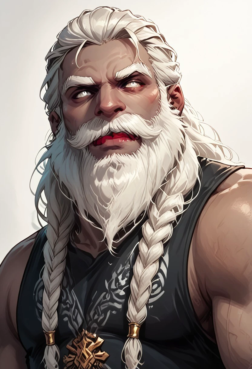 score_9, score_8_up, score_7_up, solo, solo focus, male focus, 1 boy, male, beard, facial hair, braid, braided beard, big beard, epic beard, Duergar, grey skin, grey colored skin,  white hair, white eyes, short stature, big nose, wide shoulders, muscular,