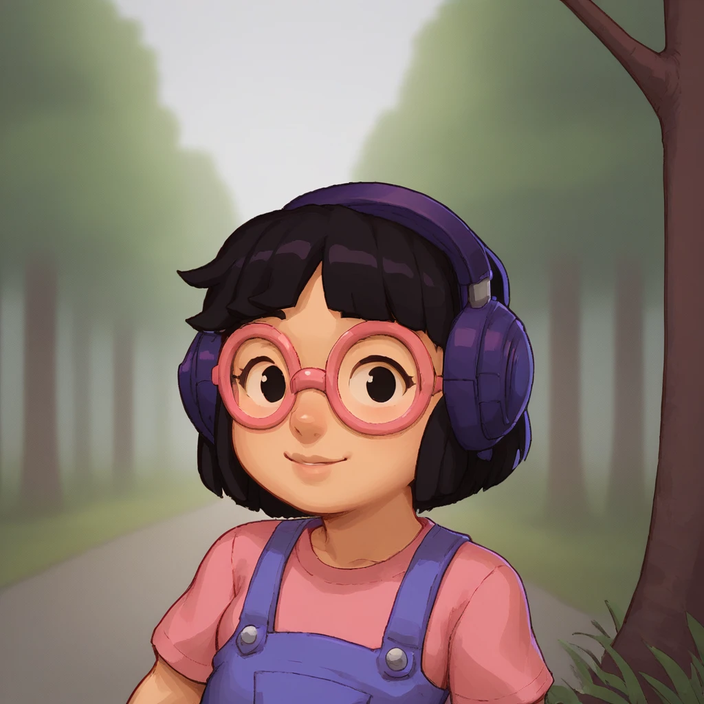 score_9, score_8_up, BREAK, Valerie, 1girl, solo, black hair, short hair, black eyes, headphones, round eyewear, pink t-shirt, blue overalls, upper body,  <lora:Valerie_RE_Spelunky2_PXL_Leaf1:1>, arms at sides, outdoors, forest, looking at viewer,