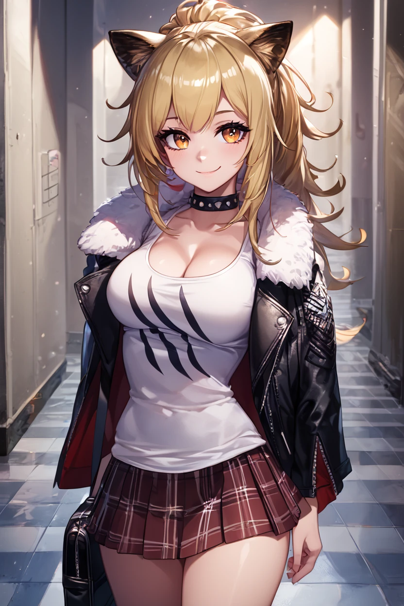 score_9, score_8_up, score_8, medium breasts, (curvy), cute, eyelashes,       ,,, , ,,,  zzSiege, blonde hair, cat ears, jacket, choker, large breasts, fur trim, black jacket, tank top, fur-trimmed jacket, black choker, cleavage,  <lora:Siege_Arknights_PDXL:1.0>,   ,,,, BREAK, closed mouth, alternate costume, smile, looking at viewer, collared shirt, blush, sweater, black skirt, eyelashes, long sleeves, sleeves past wrists, plaid skirt, shoulder bag, black bag, blurry, tile floor, pleated skirt, white shirt, cowboy shot, ,,, embedding:zPDXL, Expressiveh, ,,, <lora:Vivid:0.7>, <lora:Uncensored_PonyXL_cpt_v02.09:0.4>, <lora:Expressive_H-000001:0.4>,