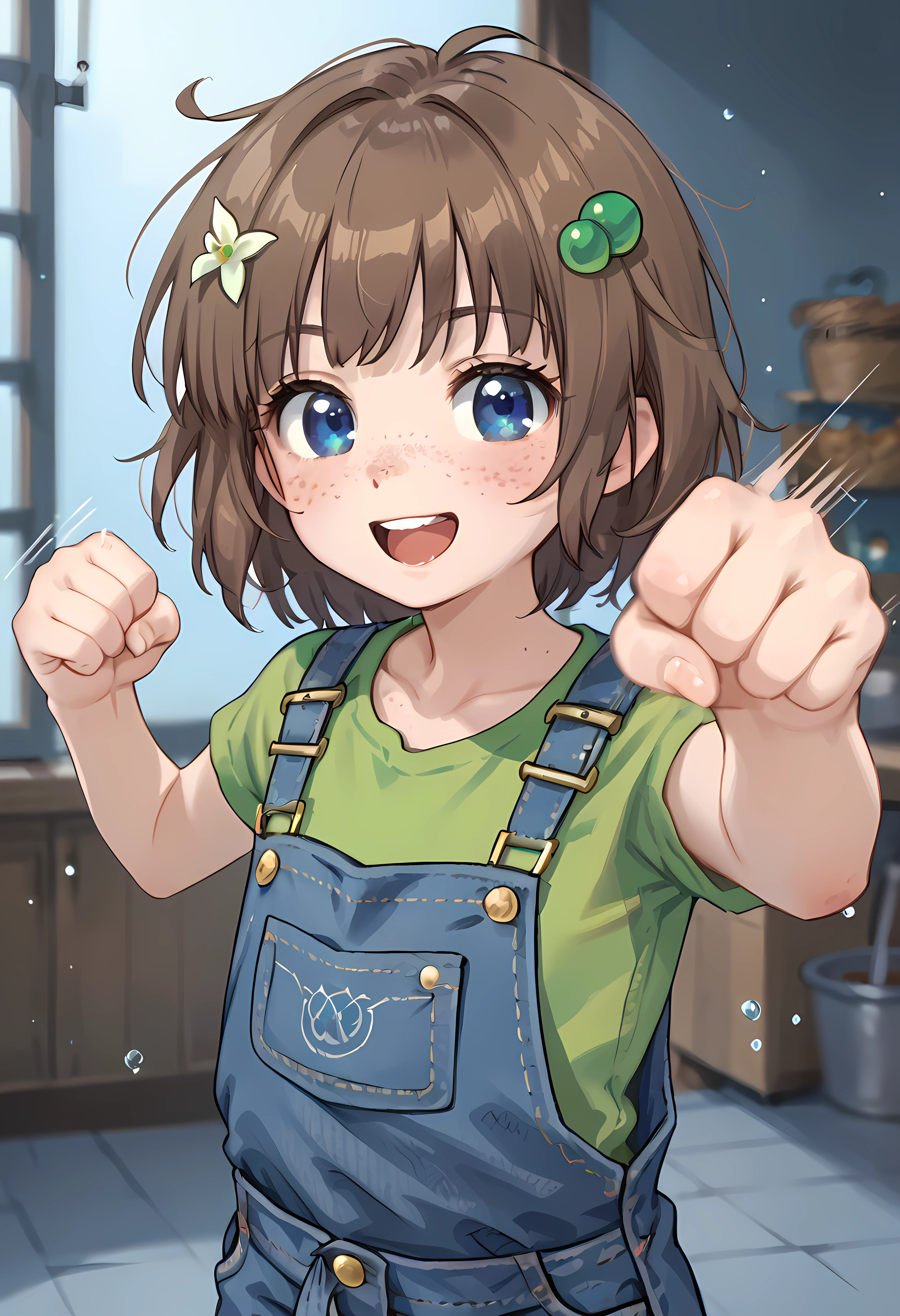 score_9, score_8_up, score_7_up, score_6_up, score_5_up, score_4_up<lora:Lily_Hopkin_pony:0.8>a cartoon girl in overalls and  reen shirt  , 1girl, freckles, brown hair, bandaid, blue eyes, overalls, shirt, solo, smile, short hair,, hair ornament, green shirt,  looking at viewer, open mouth,,Lily Hopkins <lora:Beating_Up_POV:0.6> beating_you,motion blur,fist,closed fist,pov,holding you with one hand