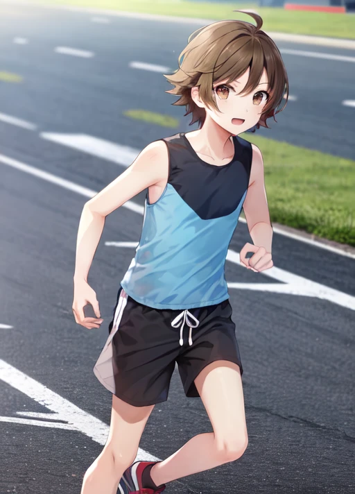 <lora:HilbertBW:0.8>, HilbertBW, brown hair, brown eyes, solo, 1boy, white shirt, sleeveless, blu shorts, red sneakers, running in a marathon arena