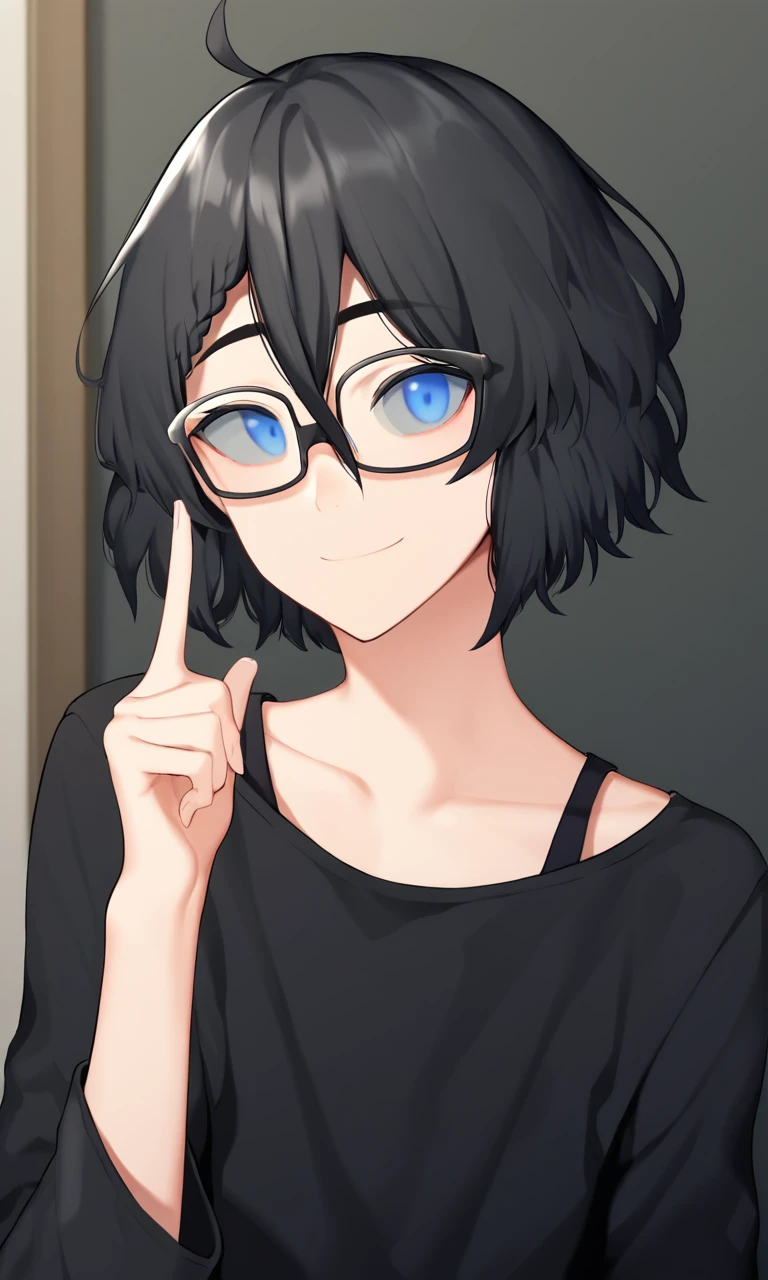 score_9, score_8_up, score_7_up, source_anime, anime illustration, masterpiece, best quality, lots of details, detailed background, BREAK
1boy, solo, 18 years old, adult, kushizakivtuber, blue eyes, black hair, braided bangs, black-framed eyewear, looking at viewer, bangs, smile, black shirt, collarbone, long sleeves, upper body, ahoge, index finger raised, otoko no ko, hair between eyes, closed mouth, single braid, hand up, finger to mouth, medium hair, indoors, side view