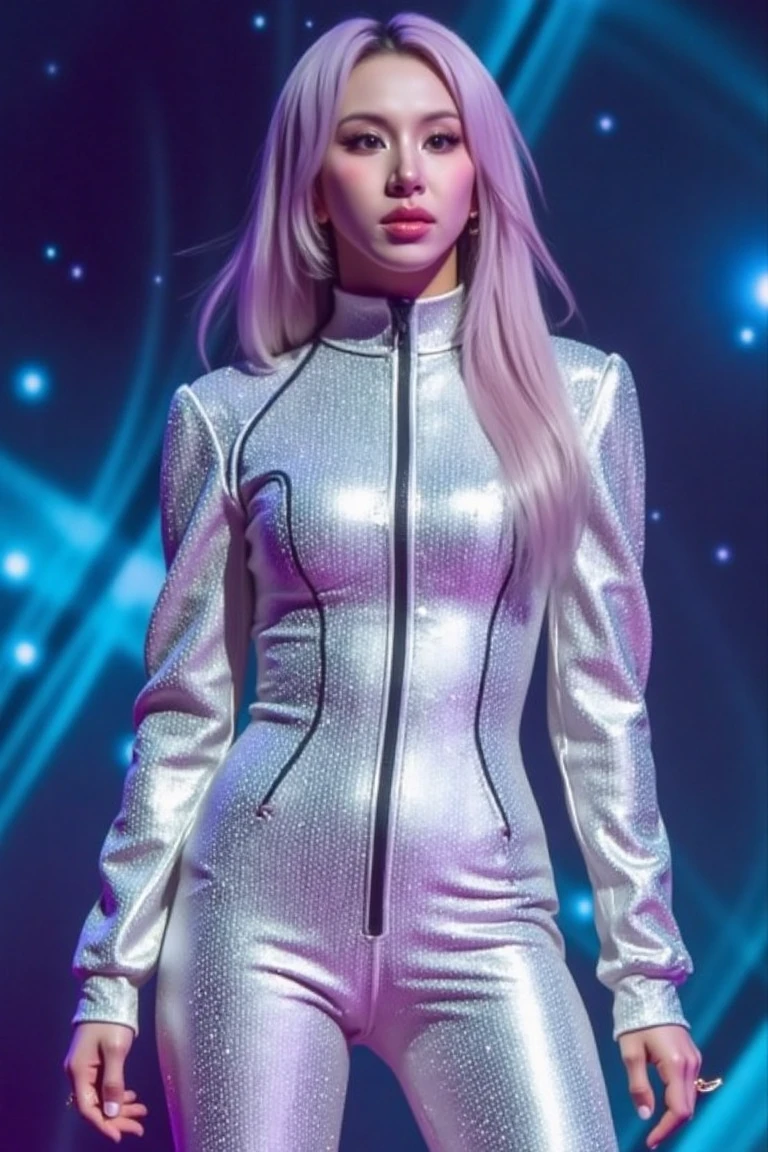 cinematic, cinematic lighting, ultra detailed textures and colors, ultra realistic, 8k,  Illustrate the singer in a dazzling, a beautiful woman in a metallic space suit adorned with holographic details. Her hair is styled in sleek, pastel-colored waves, and she wears shimmering accessories. Use dramatic, cosmic lighting with stars and nebulas in the background, casting ethereal glows on her outfit.chaeyoung,twicech,twicha