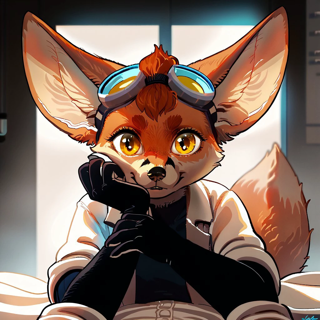 score_9, score_8_up, score_8, score_7, source_cartoon, source_furry, high quality, detailed,
Fennec fox, Fennec, fox, anthro, female furry, 1girl, orange and white fur, short hair, red hair, fluffy tail, gold eyes, lab coat, safety goggles, black elbow gloves, arms folded, stoic expression, pov, looking at viewer,