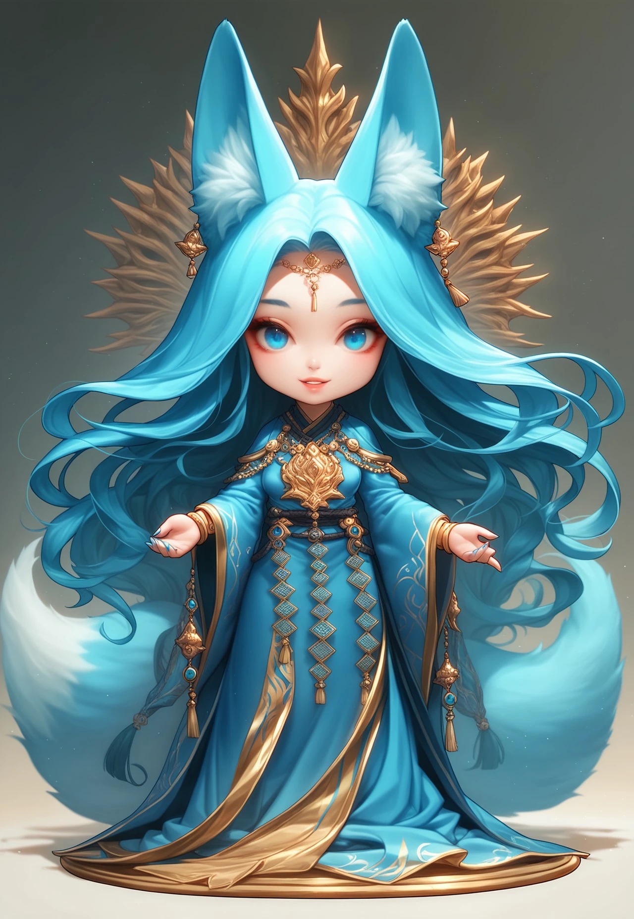 safe_pos, PonyXLV6_Scores BREAK 3rthch1b1, 1girl, solo, long hair, Kitsune, chibi, fox girl, looking at viewer, smile, blue eyes, blue dress, robes, cloak, gold accent, covered, cloak, veil, long sleeves, Fox tail, animal ears, jewelry, very long hair, blue hair, parted lips, shiny, cat ears, wide sleeves, nail polish, bracelet, covered nipples, lips, animal ear fluff, aqua hair, blue nails, long skirt, foxy vibes,