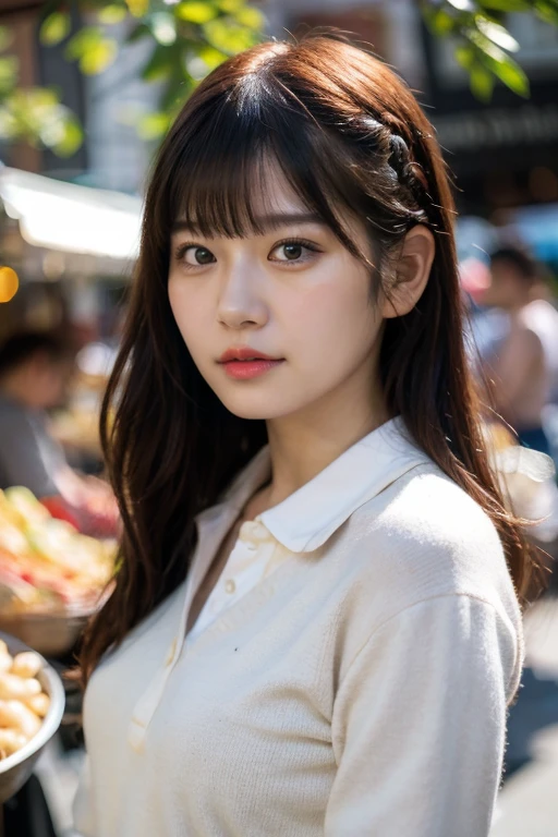 masterpiece, best quality, ultra-detailed, ultra high res, (photorealistic:1.4), raw photo, (realistic:0.2), 8k HDR, realistic cool temperature lighting, (asian:0.2), 1girl, solo, asymmetrical hair, outdoor, (traditional market:1.2), bokeh, (detailed lips), (detailed pores), (detailed skin textures), (detailed face:1.2), (upper body:1.2), a woman in a white collared shirt, promotional image, a character portrait,