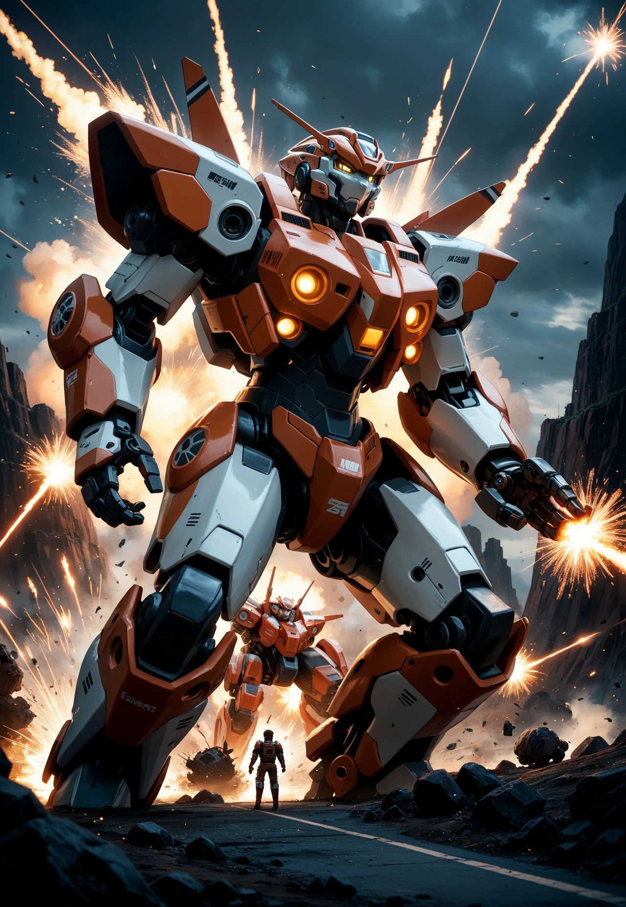 best quality big breasts battle suit robot rain city Explosion