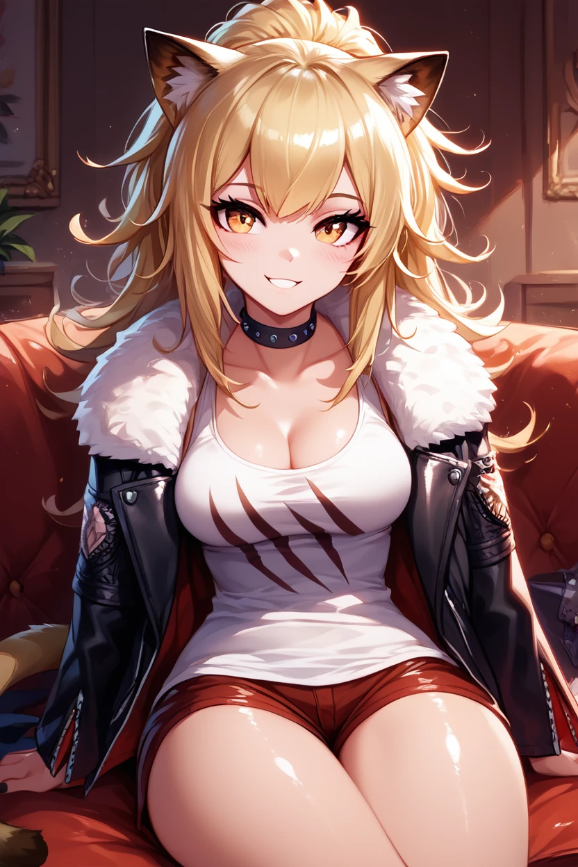 score_9, score_8_up, score_8, medium breasts, (curvy), cute, eyelashes,       ,,, , ,,,  zzSiege, blonde hair, cat ears, jacket, choker, large breasts, fur trim, black jacket, tank top, fur-trimmed jacket, black choker, cleavage,  <lora:Siege_Arknights_PDXL:1.0>,   ,,,, BREAK, ,,, smile, looking at viewer, blush, blurry, couch, sitting, ,,, shiny skin, <lora:ProAnime_PDXL_v1:0.7>, ,,, embedding:zPDXL, Expressiveh, <lora:SDXLFaeTastic2400:0.5>, <lora:Expressive_H-000001:0.4>,