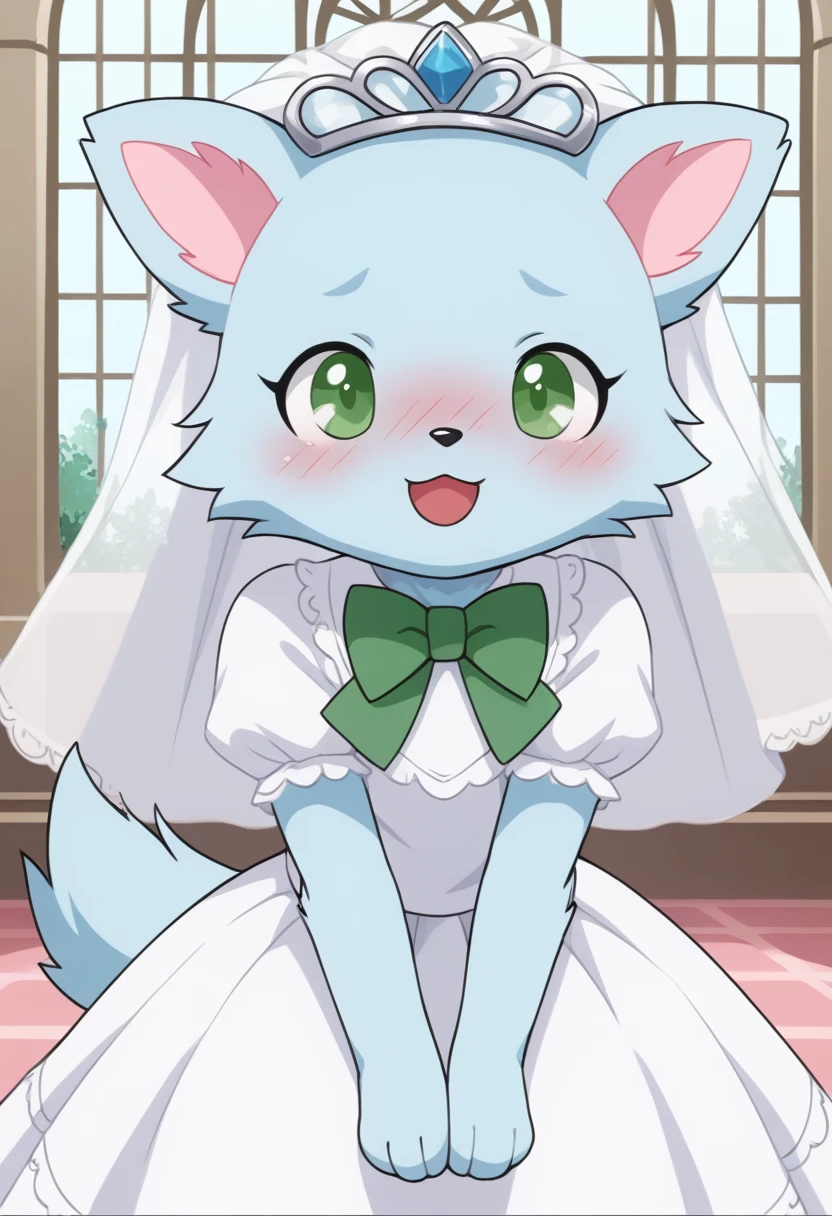 score_9, score_8_up, score_7_up, score_6_up, score_5_up, BREAK
m1lky, anthro, female, jewelpet, solo, bow, green eyes, green bowtie, no humans, :3, church, blue fur, standing, shy, smile, open mouth, wedding dress, wedding veil, blush, deep blush, nose blush,